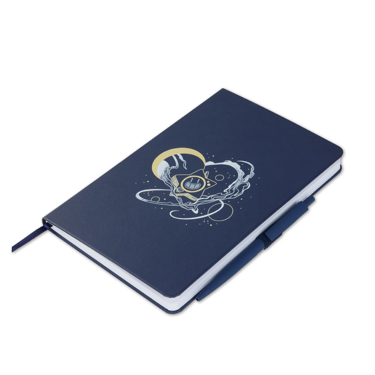 A navy blue journal with Glowby design on the cover.
