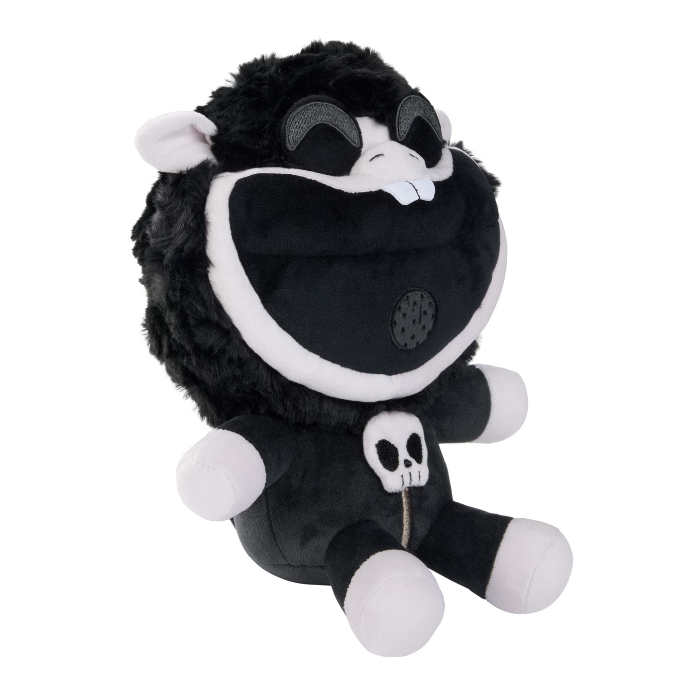 A black and white Baba Chop plush toy wearing a skull-themed outfit.
