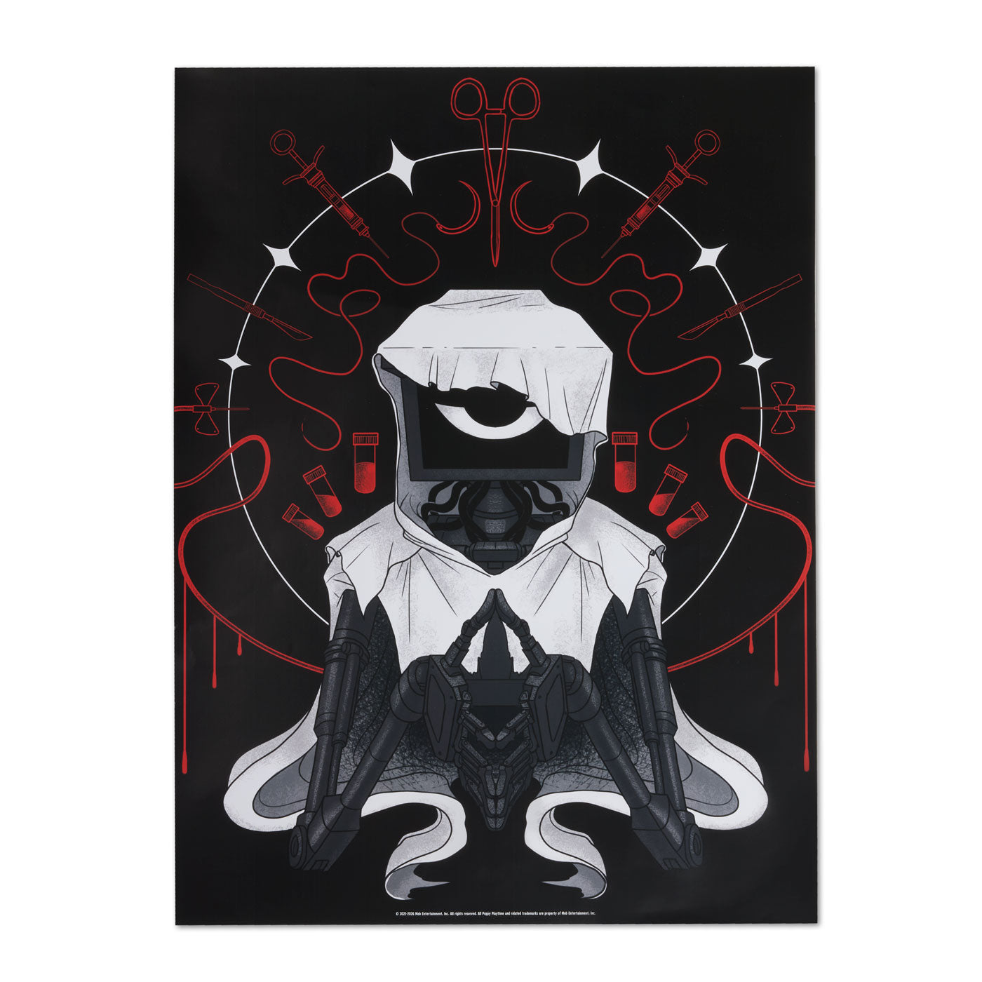 A vertical poster art print featuring a stylized The Doctor character in a white hooded robe, set against a black background with red graphic elements and white circular line details.
