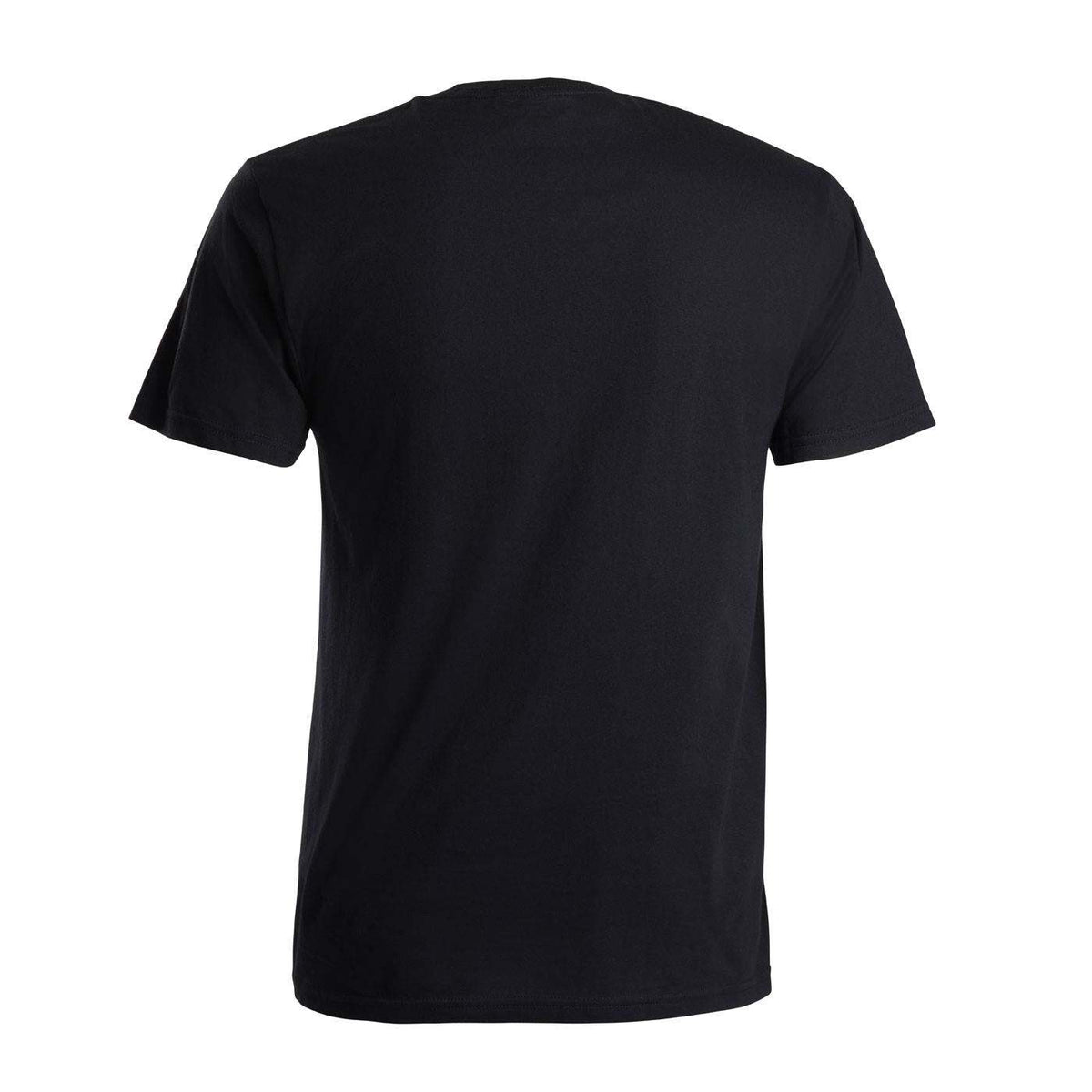 Back view of a plain black short-sleeve T-shirt.