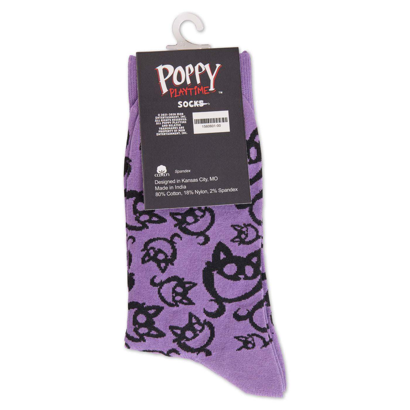 Purple CatNap patterned sock shown with the back of its Poppy Playtime packaging.