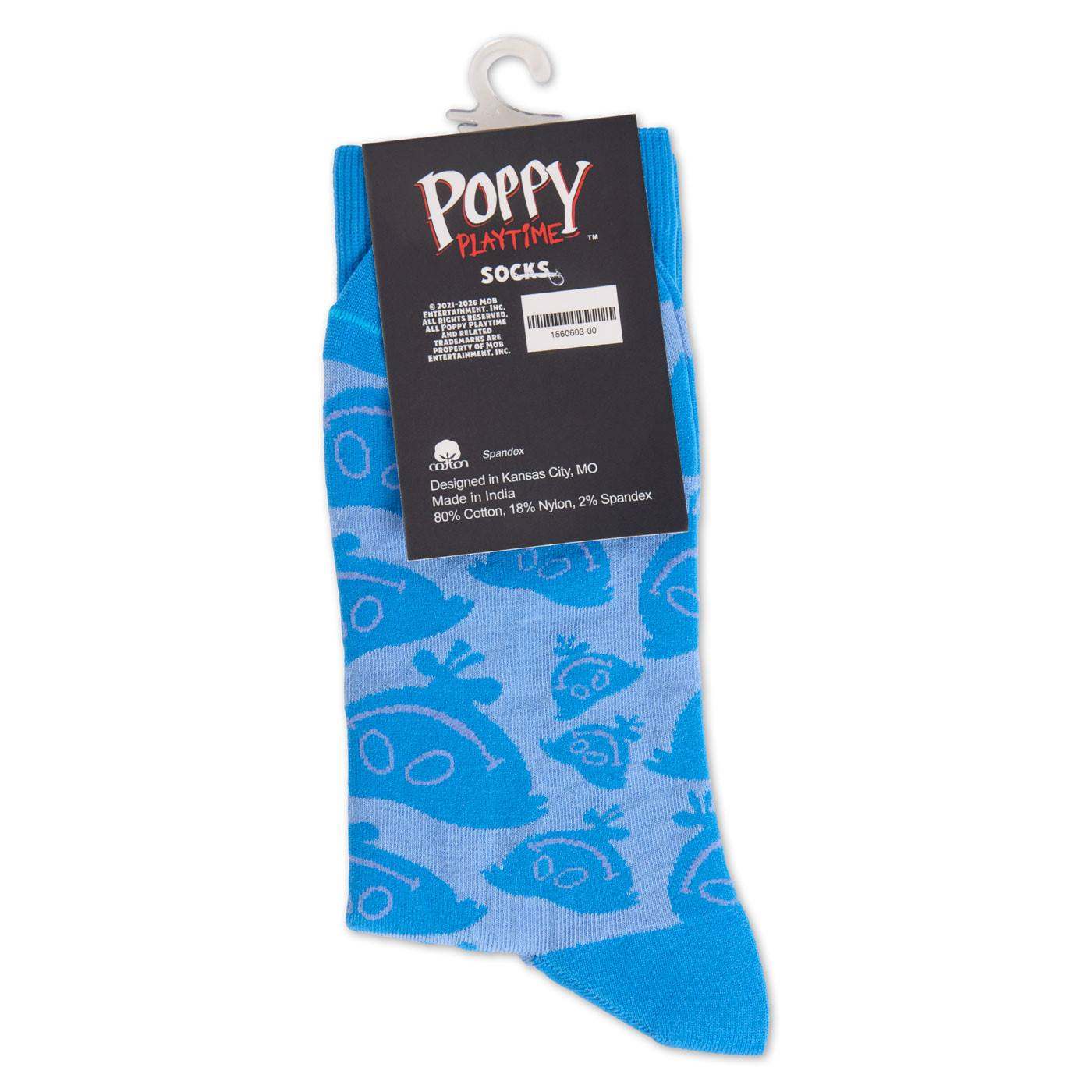 Blue sock with huggy wuggy pattern.