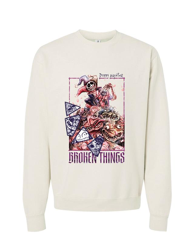 White sweatshirt with graphic prototype design and text.