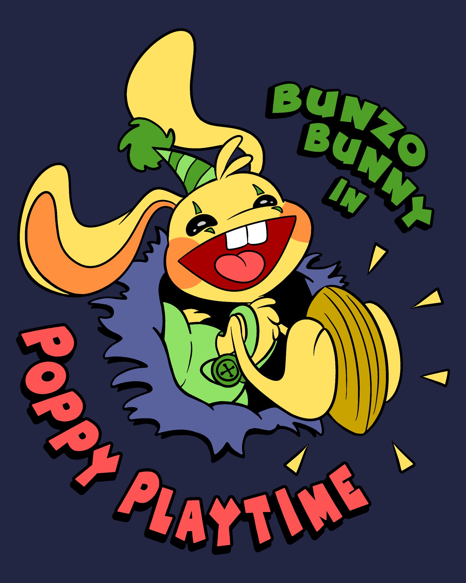 image on shirt: bunzo bunny crashing through, hit symbols. text: bunzo bunny in poppy playtime