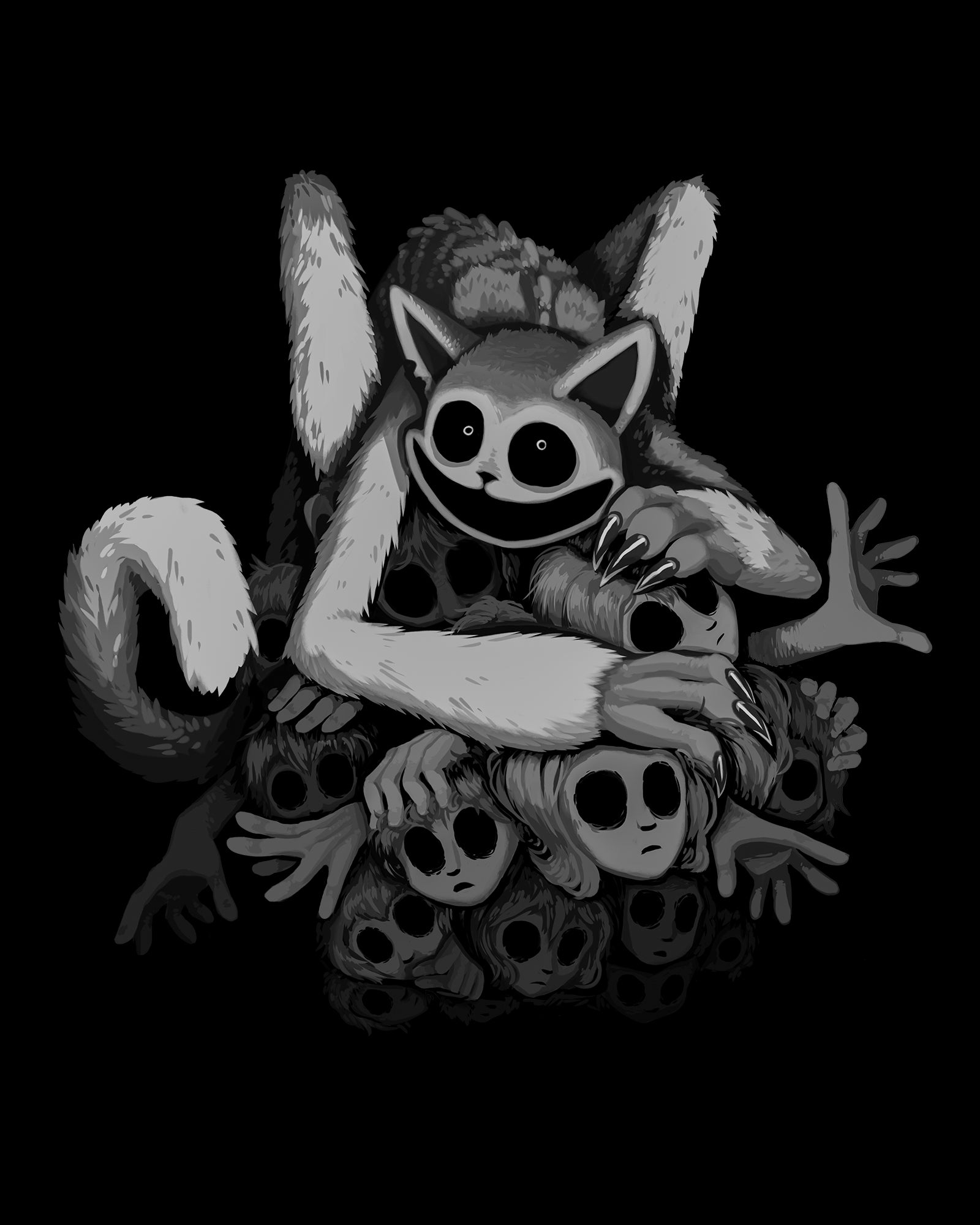 image on shirt: monster catnap sitting on pile of girl and boy kids faces with their hands reaching out. their eyes are empty.