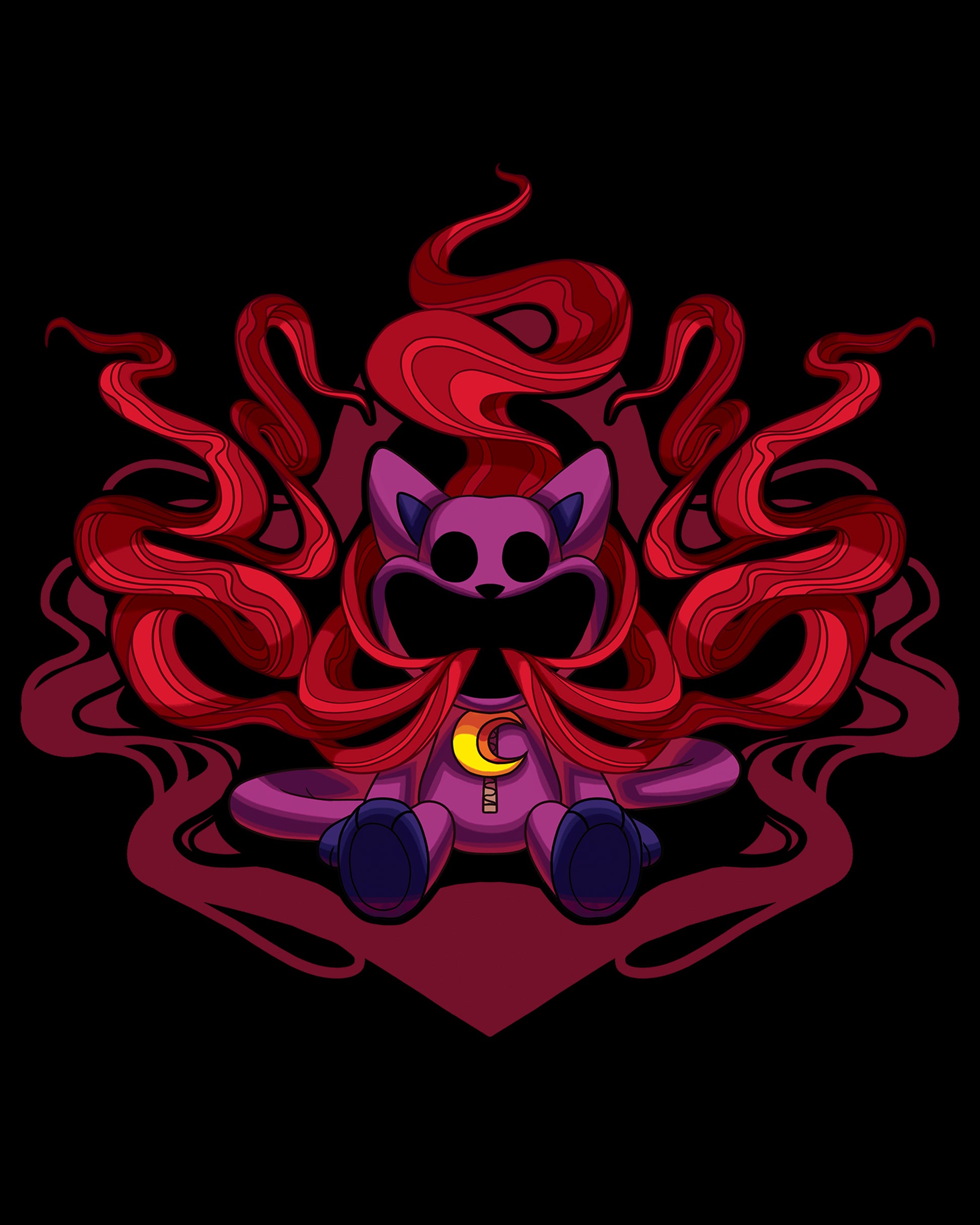 image on back of hoodie: catnap plush with smoke like gas coming out of mouth. eyes blank. mouth blank. plush is sitting.