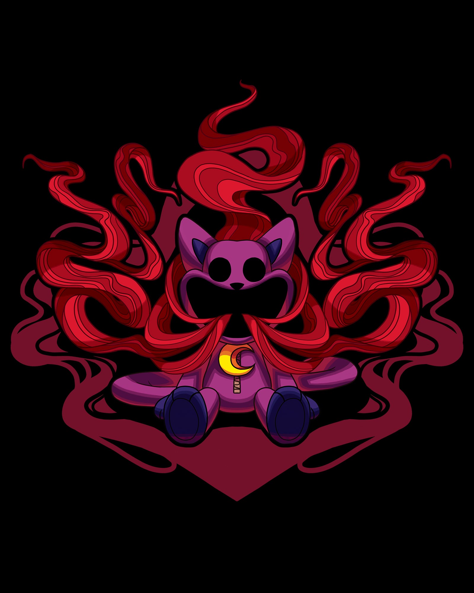 image on shirt: catnap plush with smoke like gas coming out of mouth. eyes blank. mouth blank. plush is sitting.