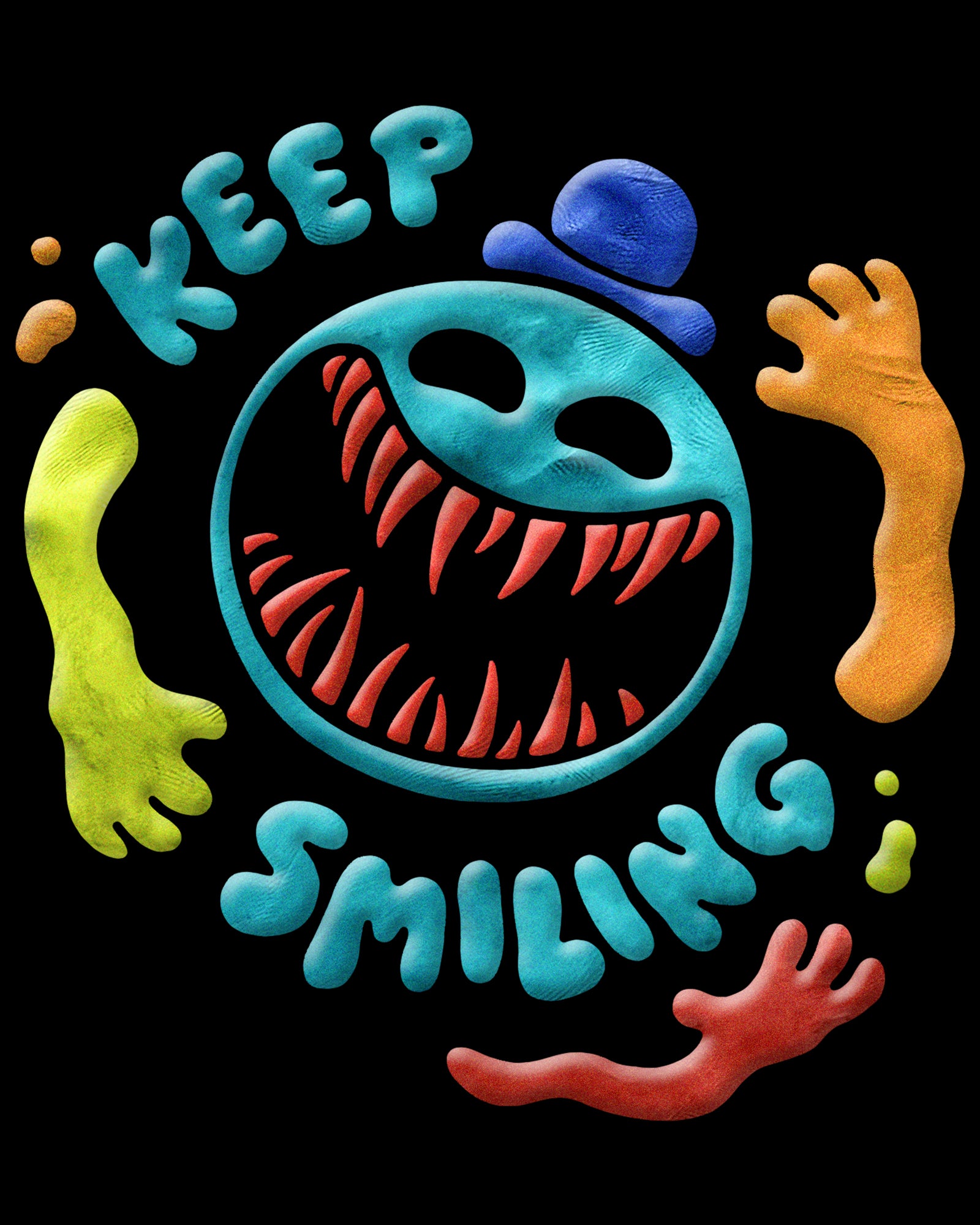 image on shirt: doey the doughman evil smile. three arms. text: keep smiling