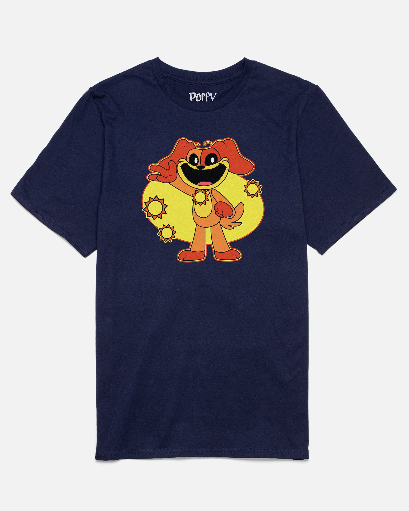 dogday smiling critters tee. image: orange dog waving with sun charm. suns around him.