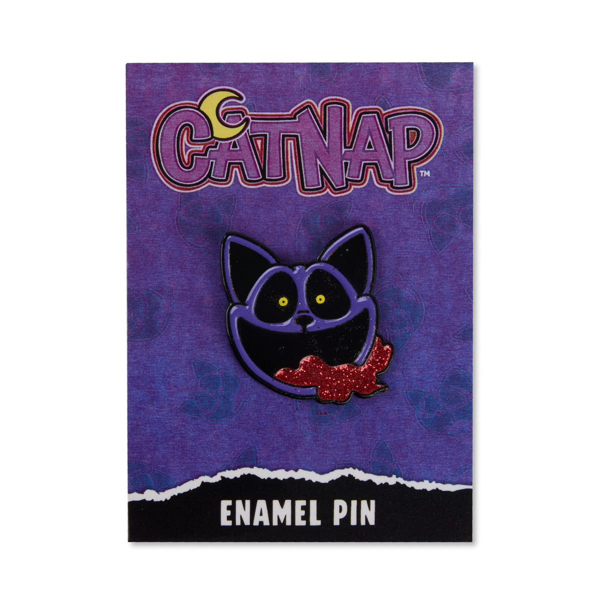 A CatNap enamel pin featuring a purple cat face with yellow eyes and a red glittery tongue, mounted on a purple branded backing card with the CatNap logo and the words 'ENAMEL PIN' at the bottom.