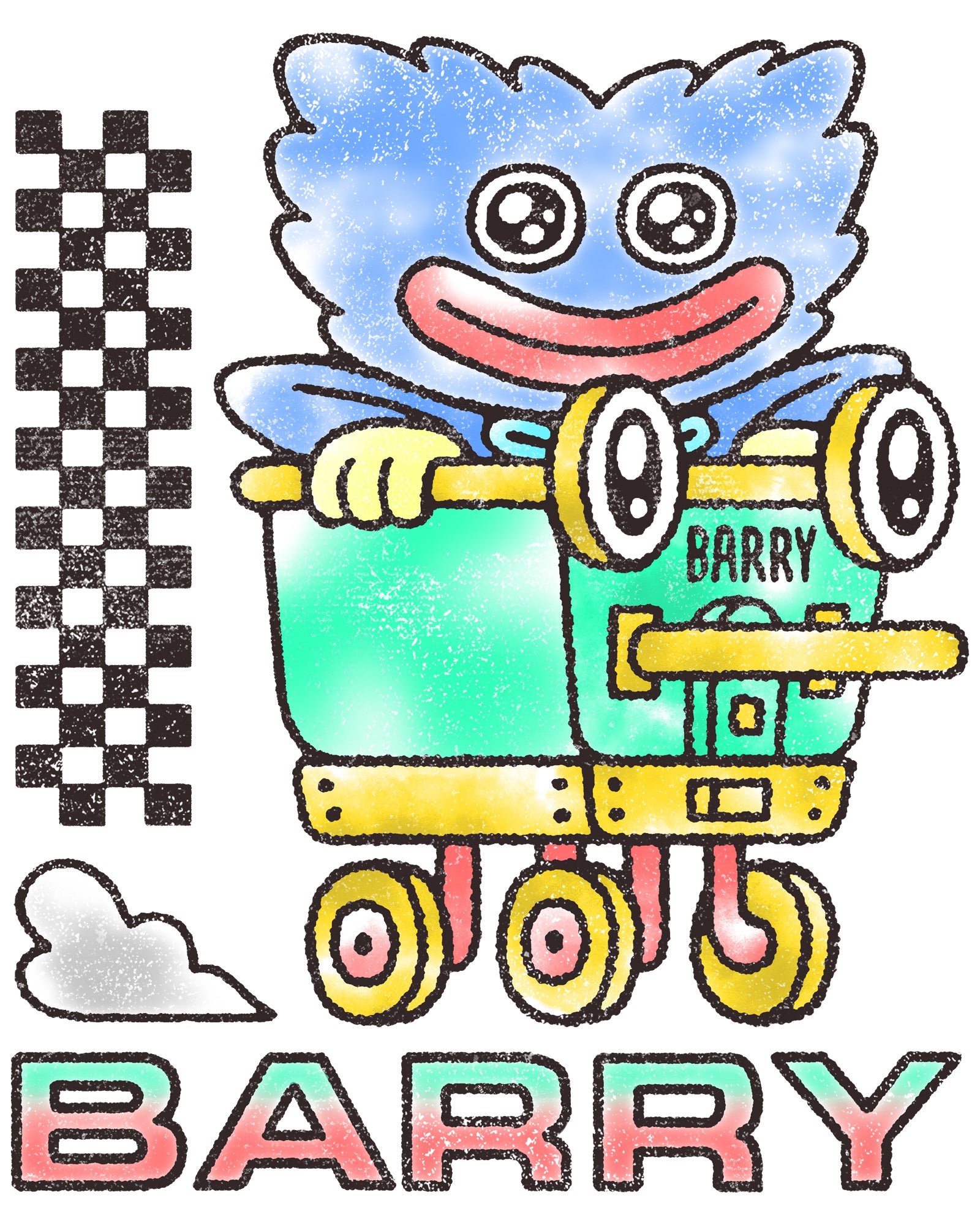 image on pullover: huggy wuggy riding in minecart. race track design. text on bottom: barry