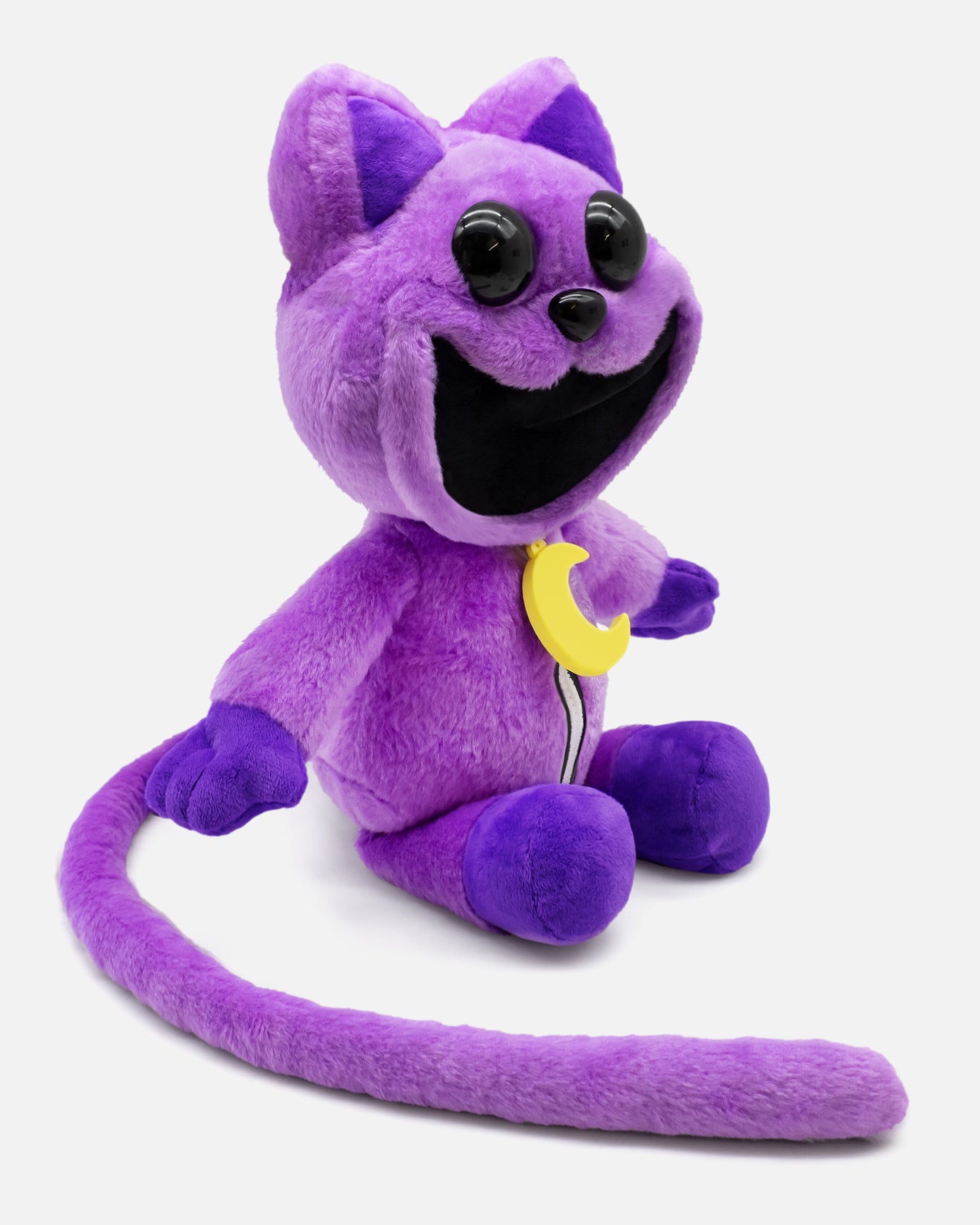 catnap plush. smiling cat plush with long tail and moon zipper. sitting facing right.