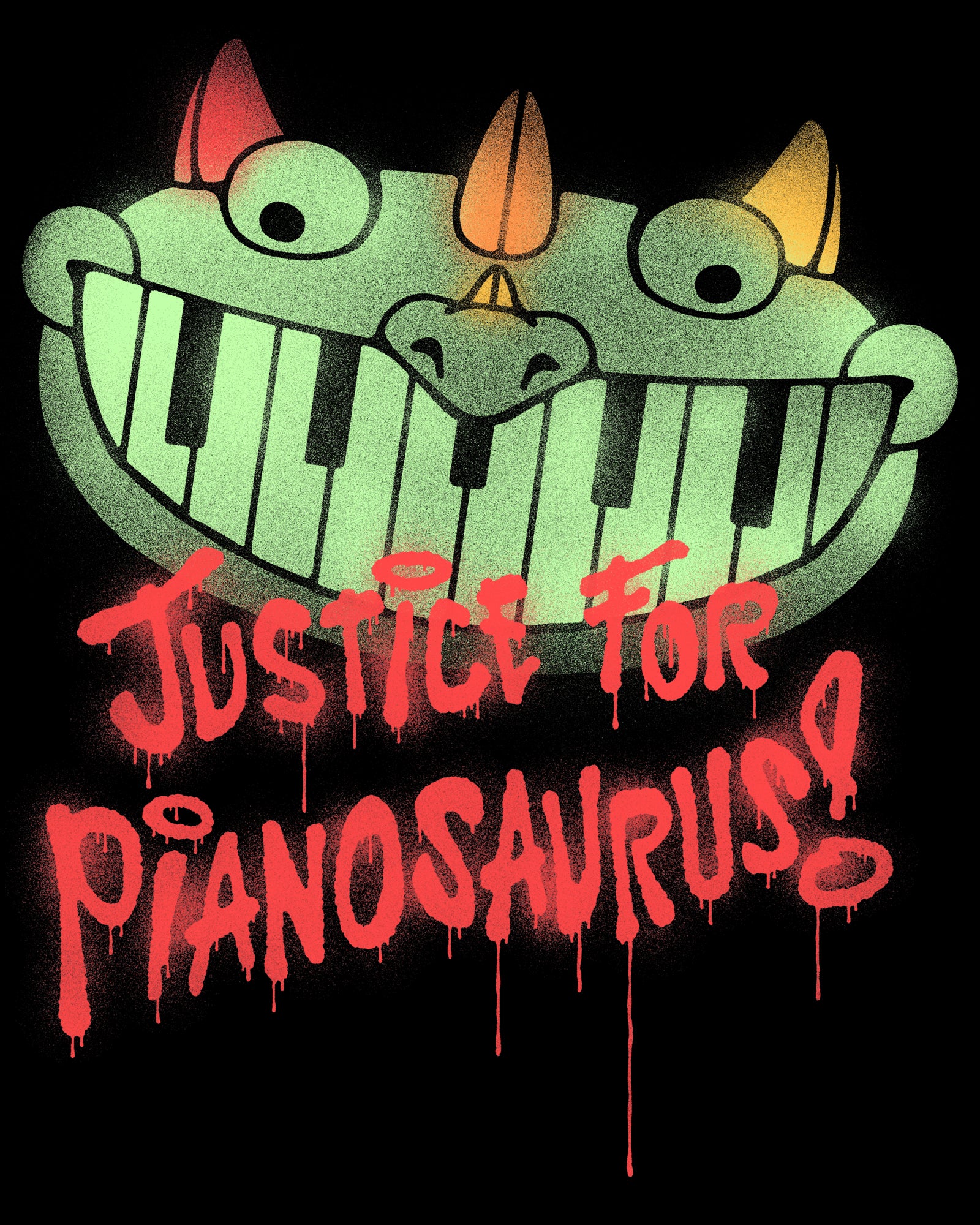 image on shirt: pianosaurus face. text: justice for pianosaurus