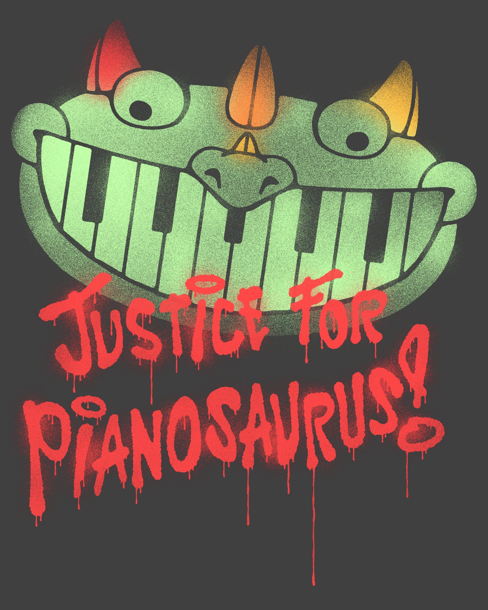 image on shirt: pianosaurus face. text: justice for pianosaurus