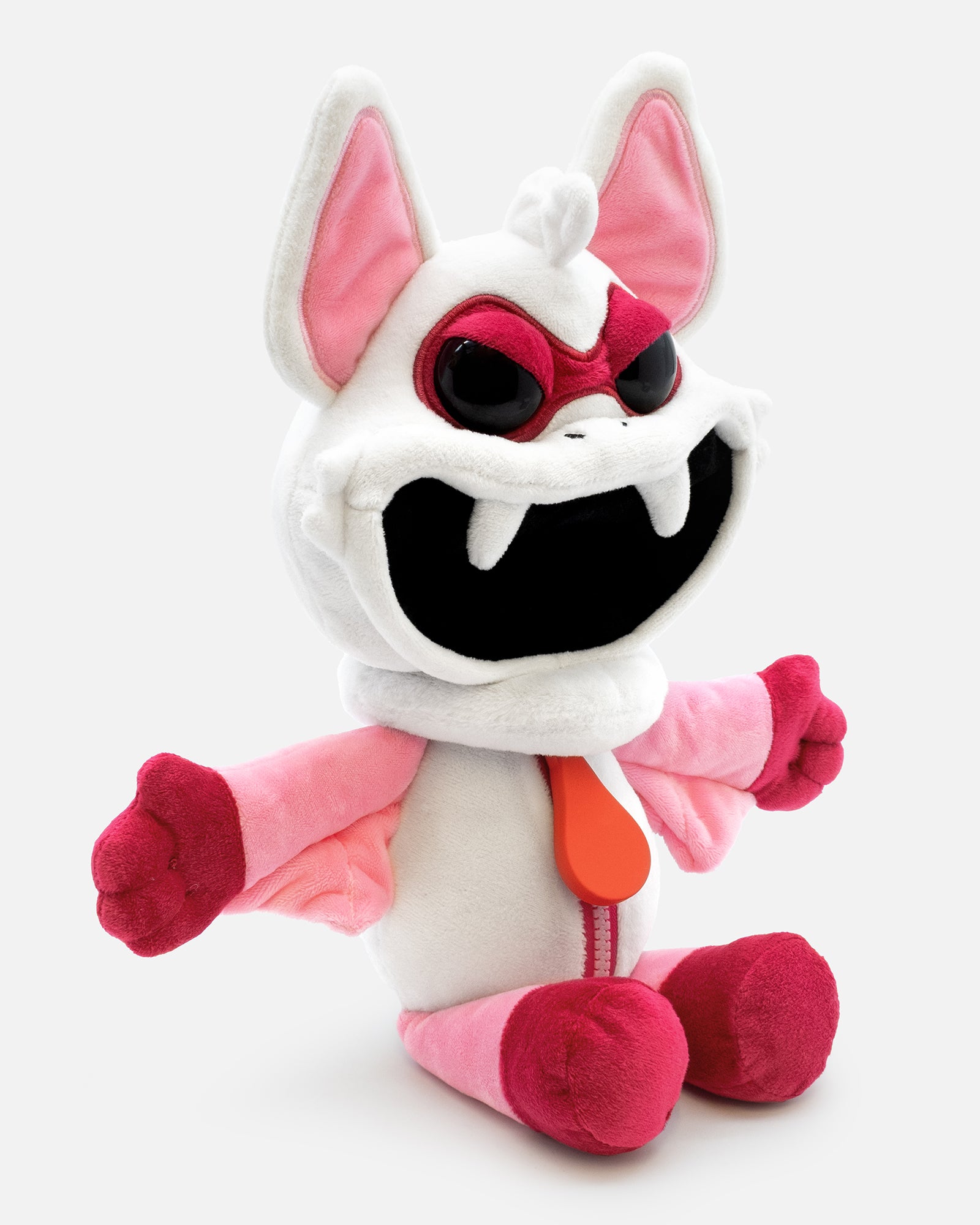 Plush toy with a white face, pink ears and body, and black mouth on a white background