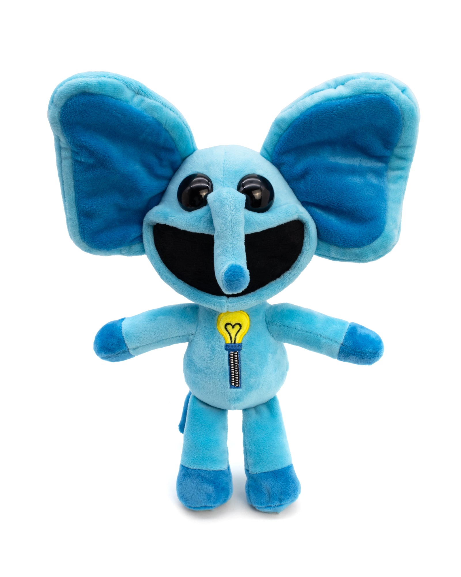 Blue plush toy with large ears on a white background