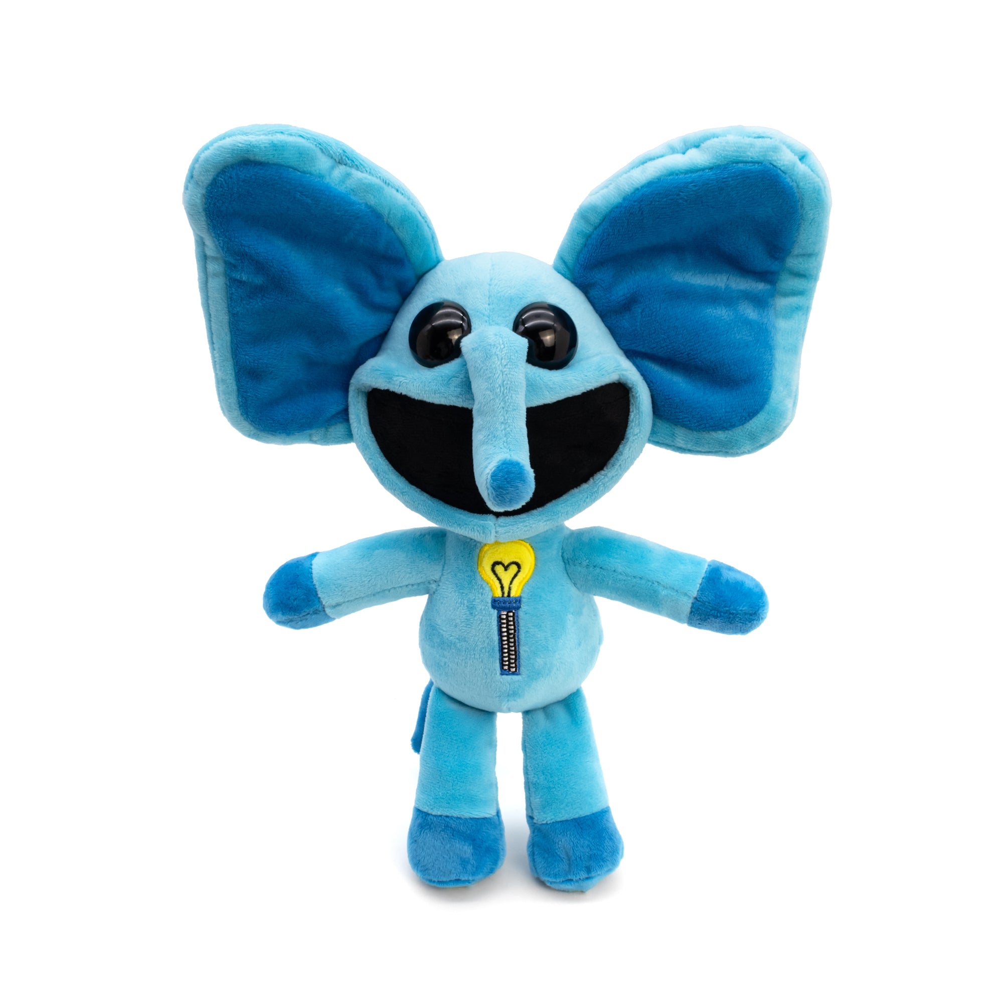 Blue plush toy with large ears on a white background