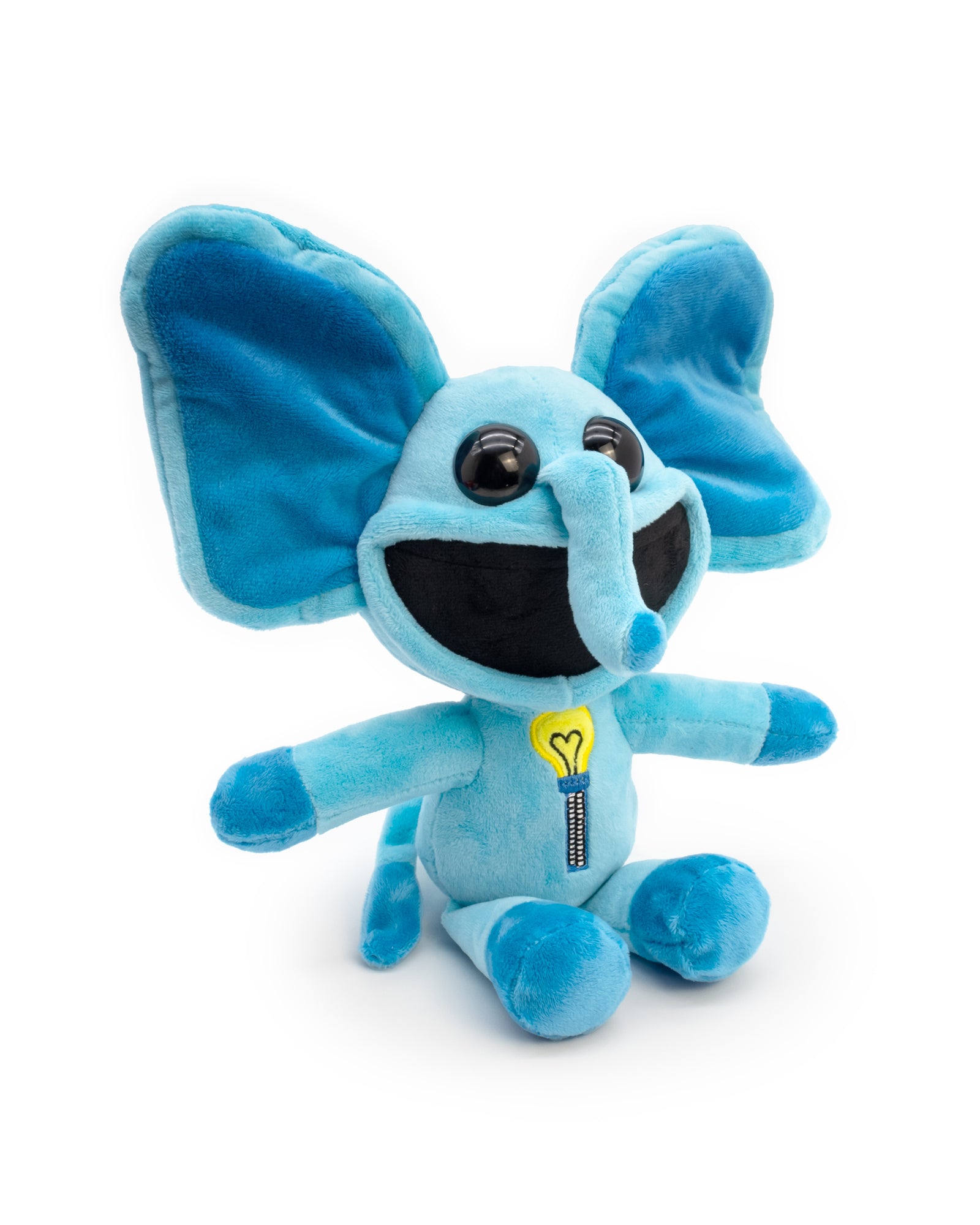 Blue plush toy with a light bulb on a white background