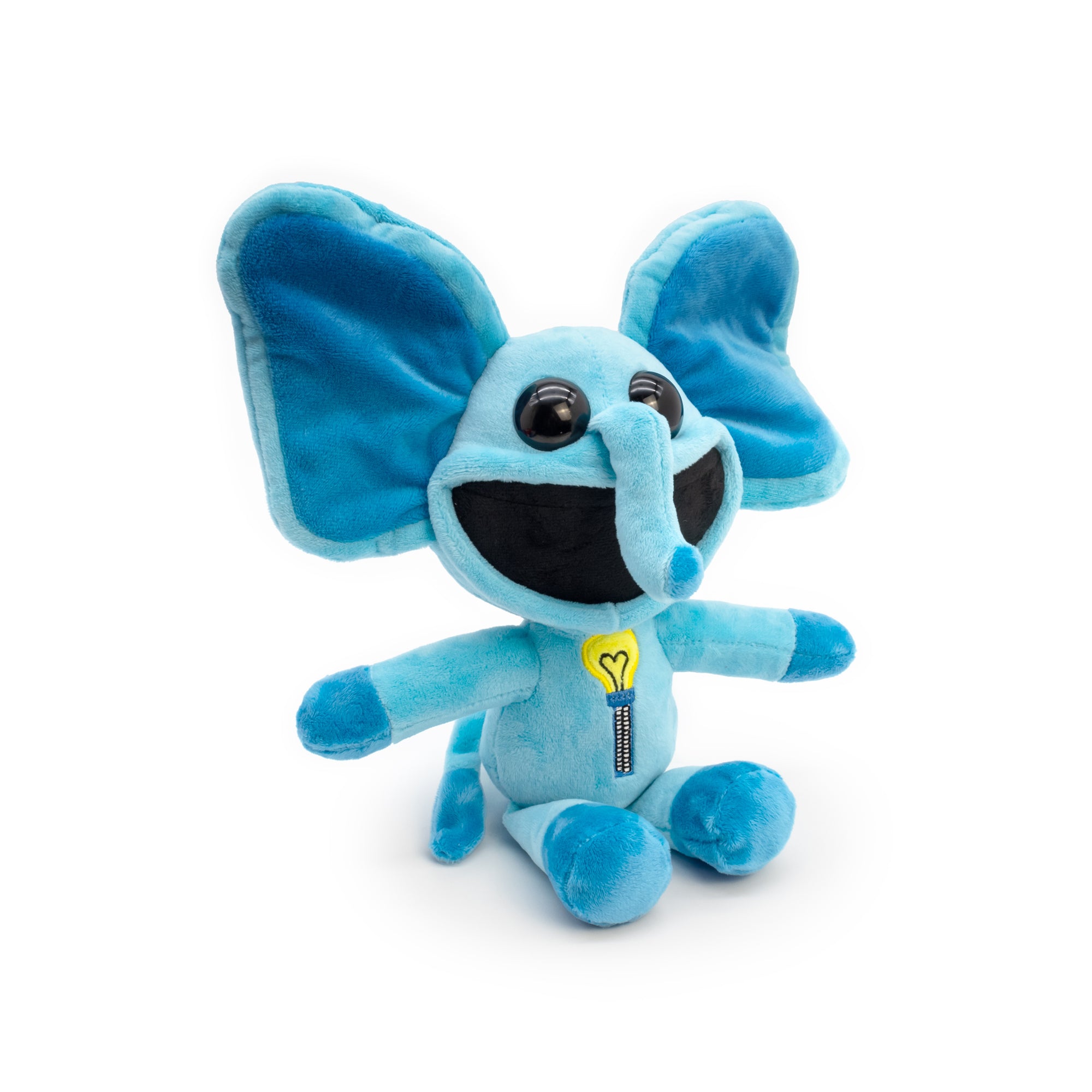 Blue plush toy with a light bulb on a white background