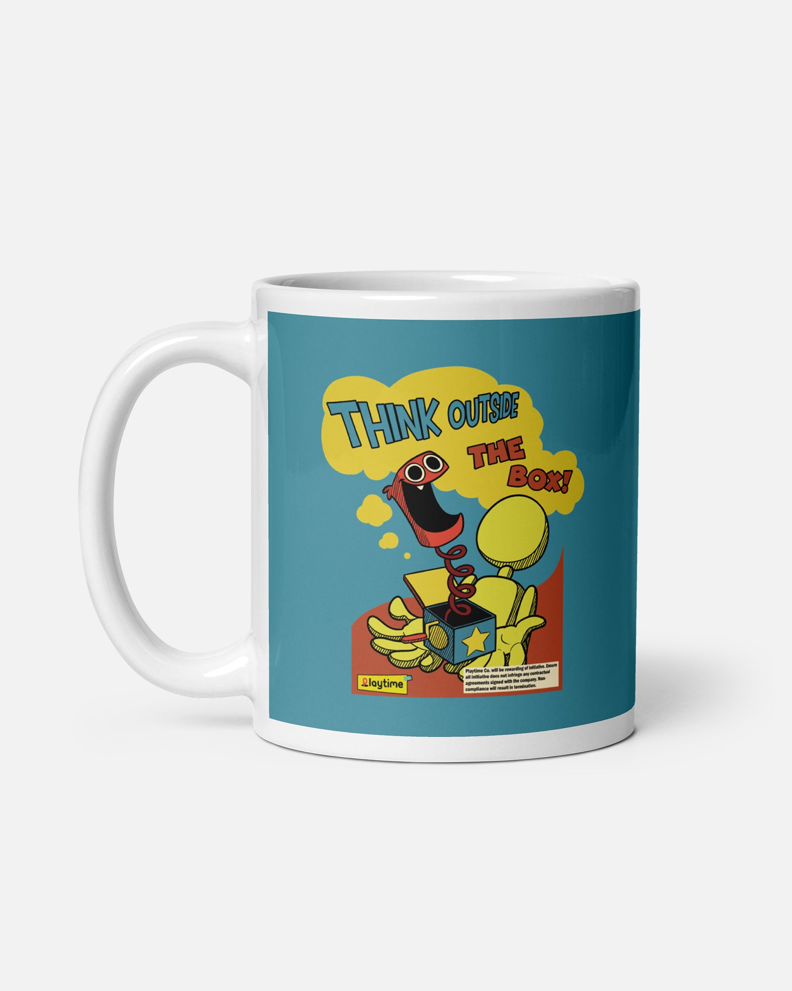 boxy boo mug. image: player avatar holding boxy boo jack in the box. text: think outside the box! playtime co. playtime co. will be rewarding if initiative. Ensure all initiative does not infringe any contractual agreements signed with the company. Non-compliance will result in termination.