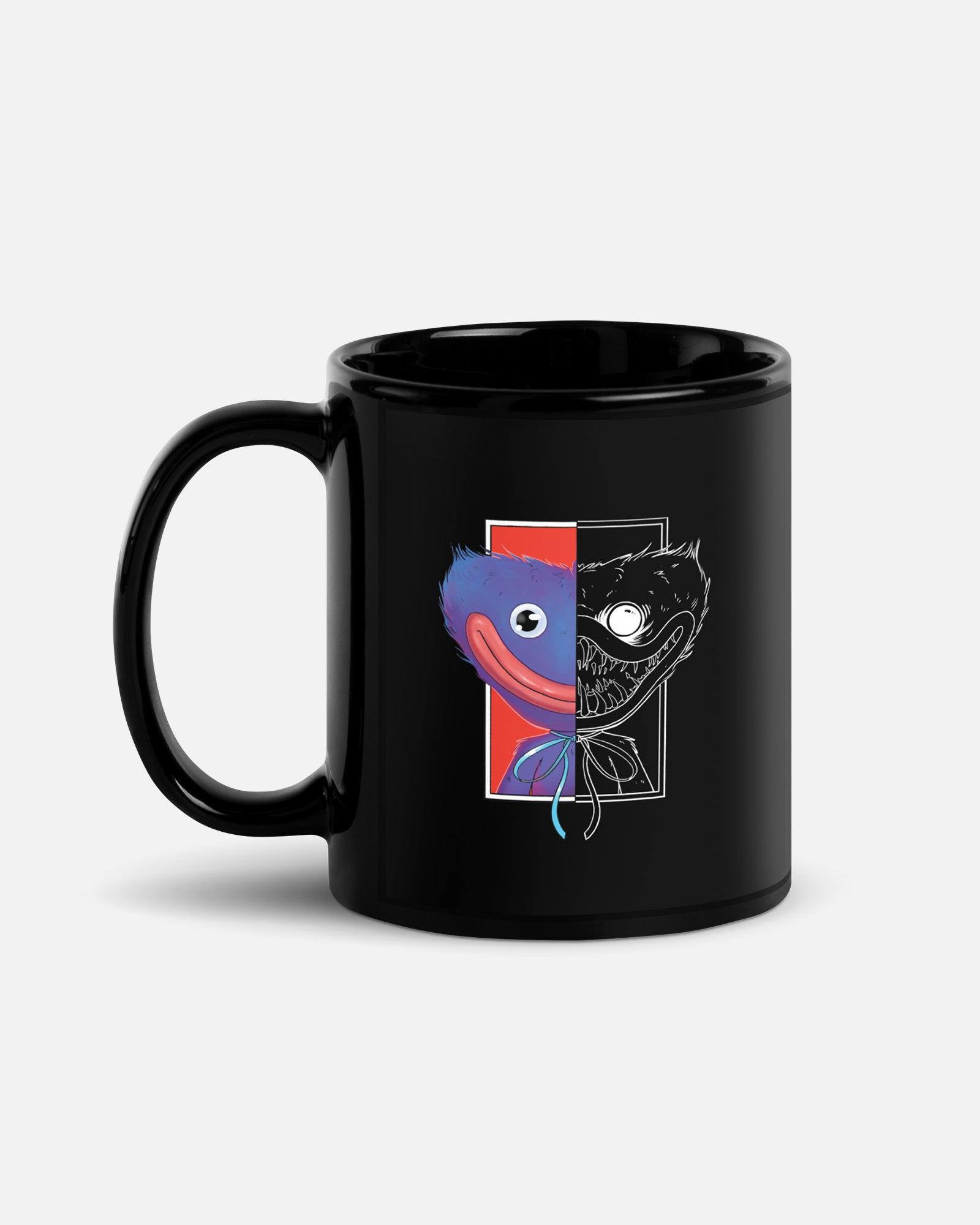 huggy wuggy mug. image: smiling happy huggy wuggy on one side. evil scary huggy on other side. split down middle