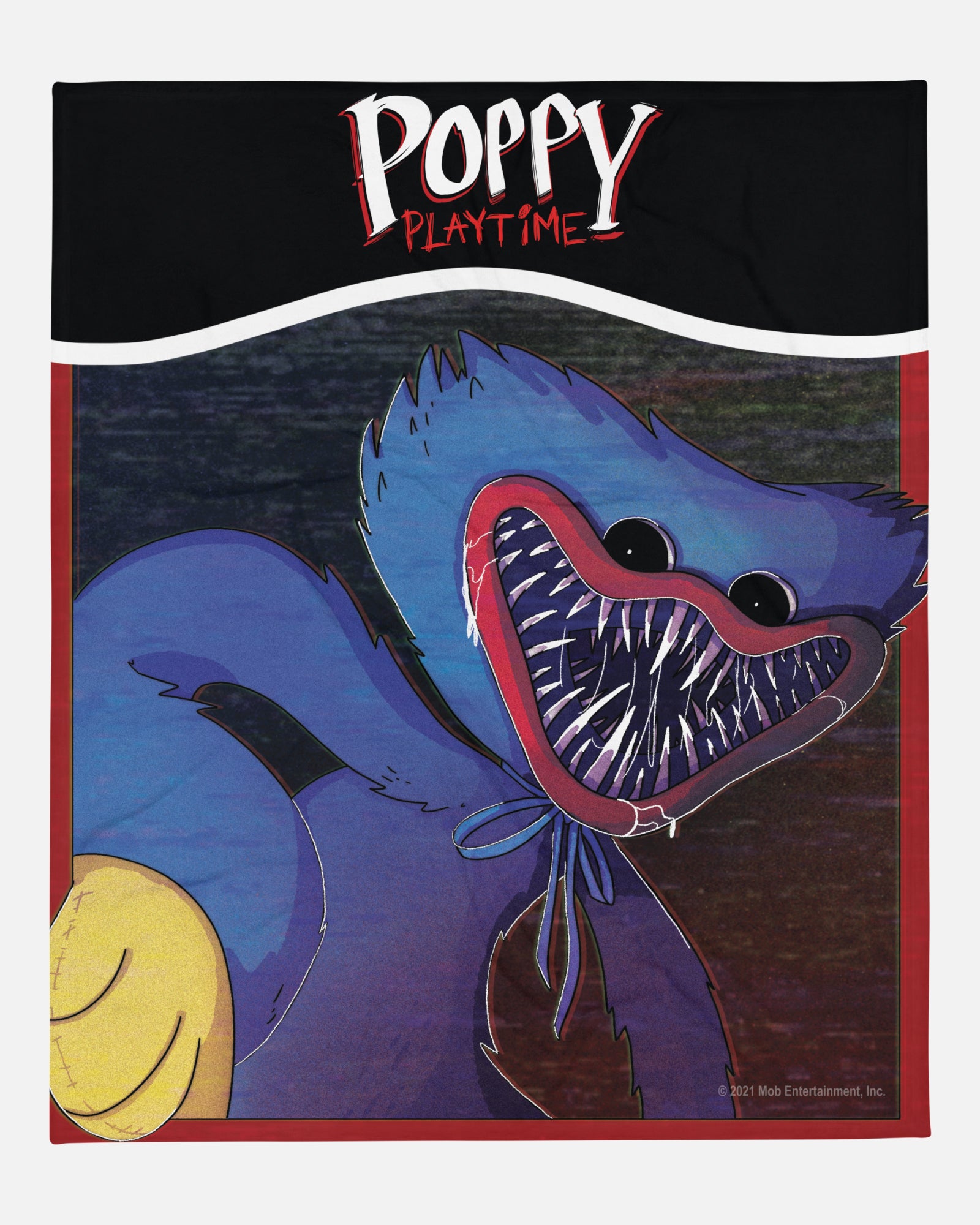 huggy wuggy attack blanket. image: huggy wuggy ready to attack with mouth open and drooling. text on top: poppy playtime