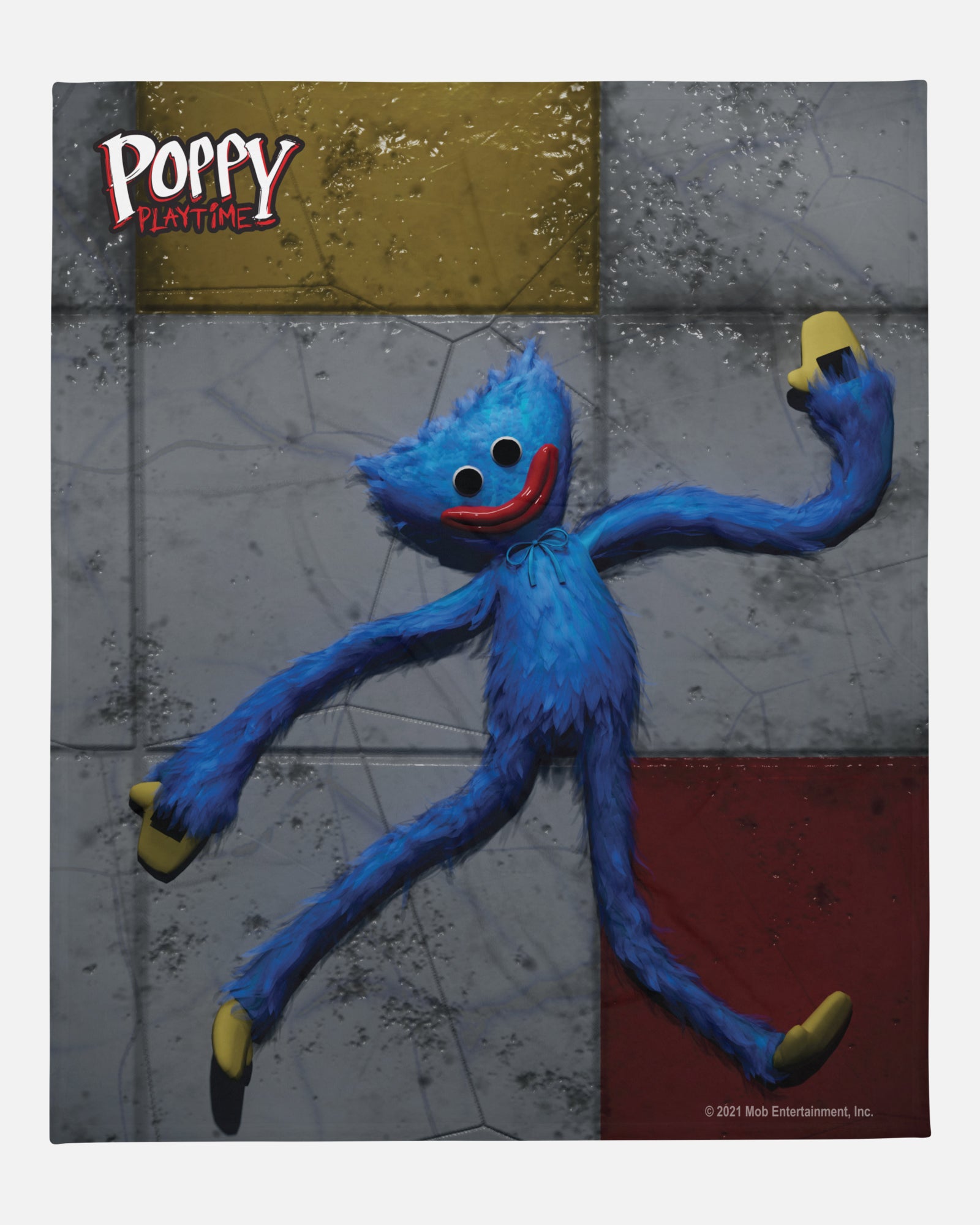 smiling huggy wuggy blanket. image: huggy wuggy plush sprawled on concrete ground. text: poppy playtime