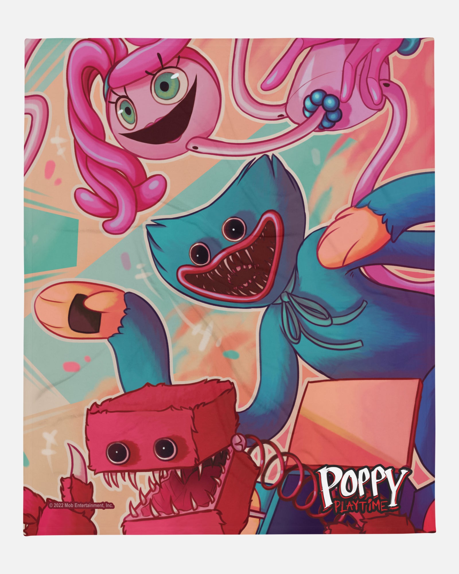 Huggy Wuggy Mommy Longlegs Boxy Boo Blanket. image: mommy longlegs, evil huggy wuggy, and evil boxy boo facing right. text: poppy playtime