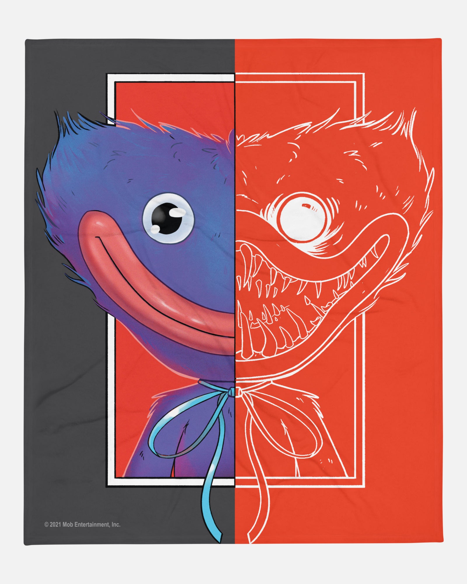 huggy wuggy throw blanket. image: left side smiling good huggy. right side evil huggy. split down the middle