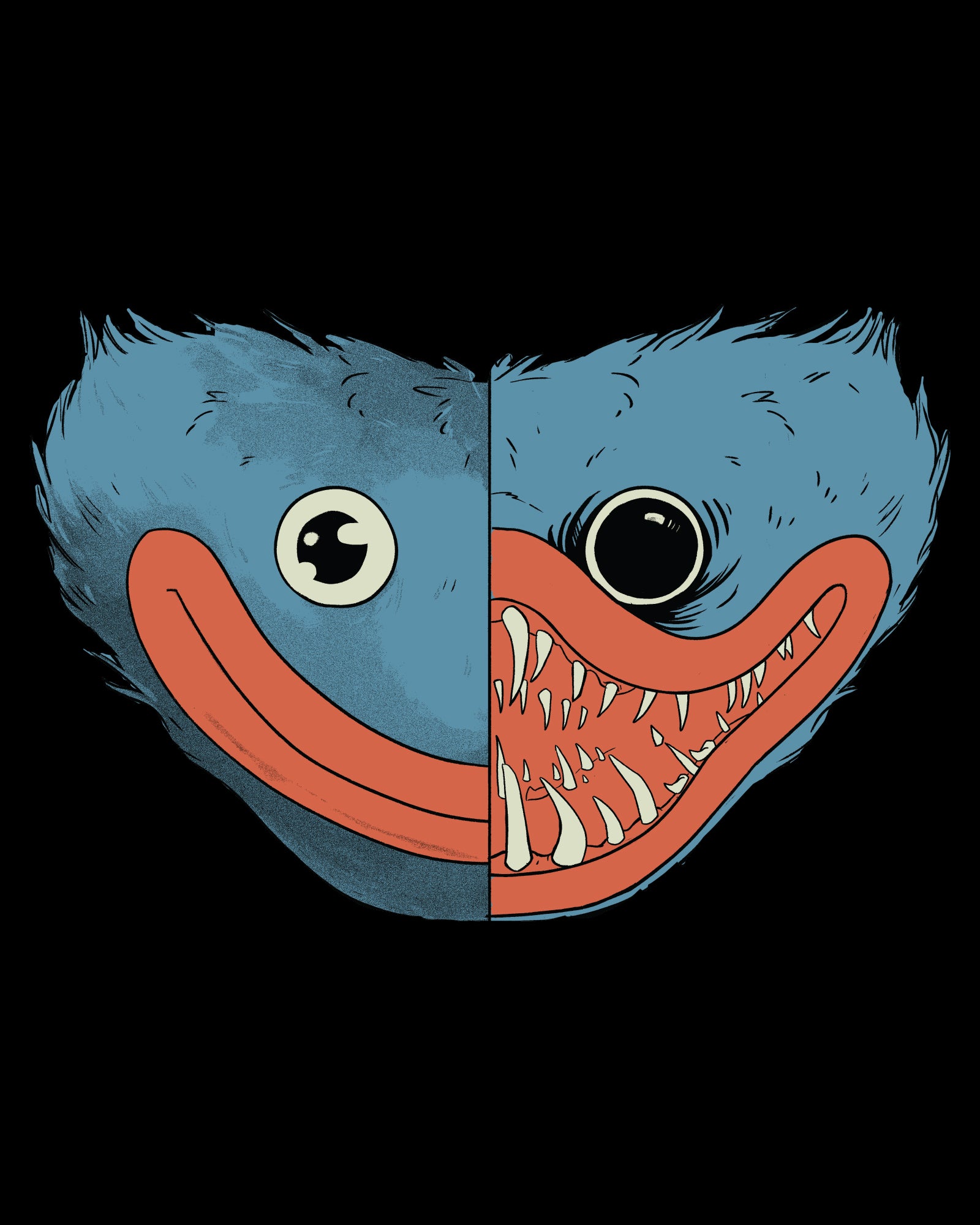 image on shirt: left side of face smiling nice huggy. right side of face is evil scary huggy. split down middle.