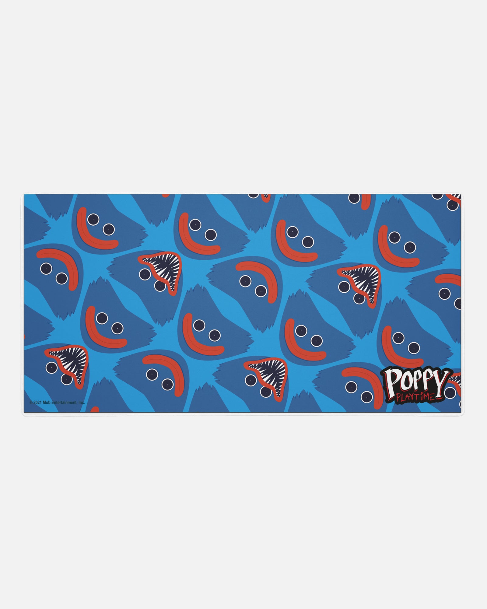 huggy wuggy gamer mousepad. image: repeating pattern of evil and good huggy faces. text: poppy playtime