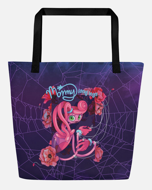 mommy long legs tote bag. image on bag: mommy long legs wrapped up in web. poppy flowers around her. webbing patterned background. text: mommy long legs