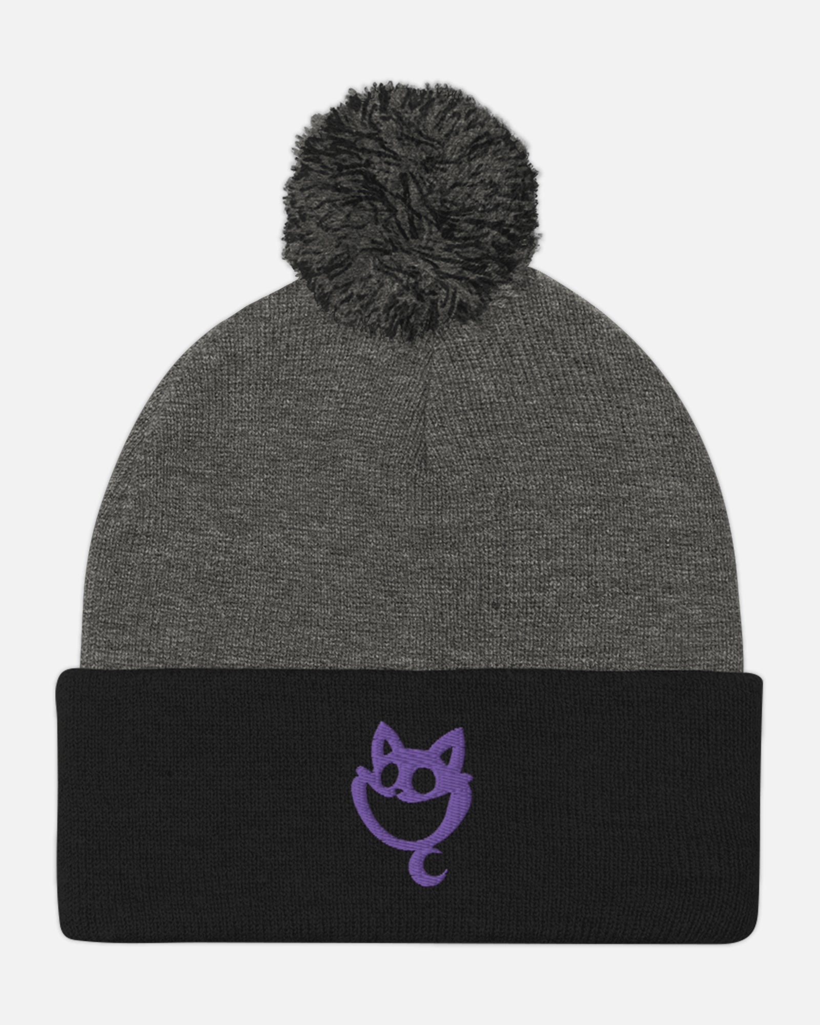 catnap face pom-pom beanie dark heather gray with black fold.