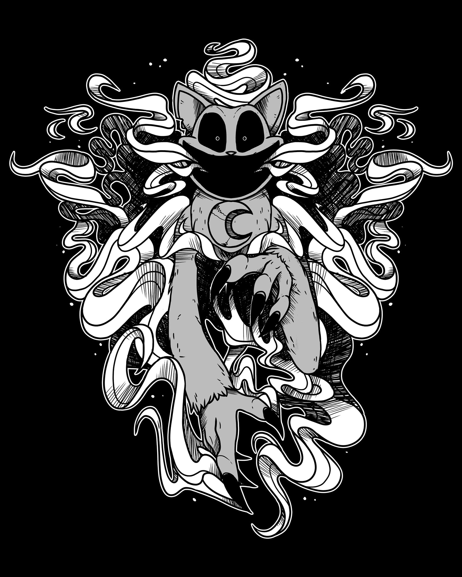 image on back of hoodie: monster catnap with gas coming out of mouth.