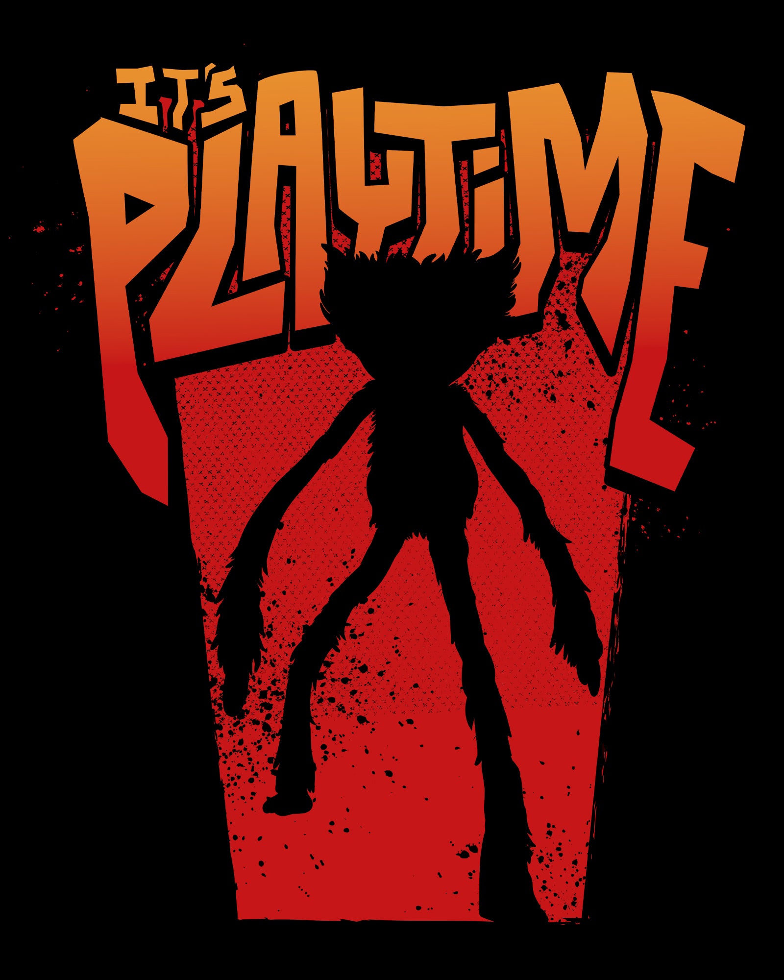 image on shirt: huggy wuggy silhouetted. text: it's playtime