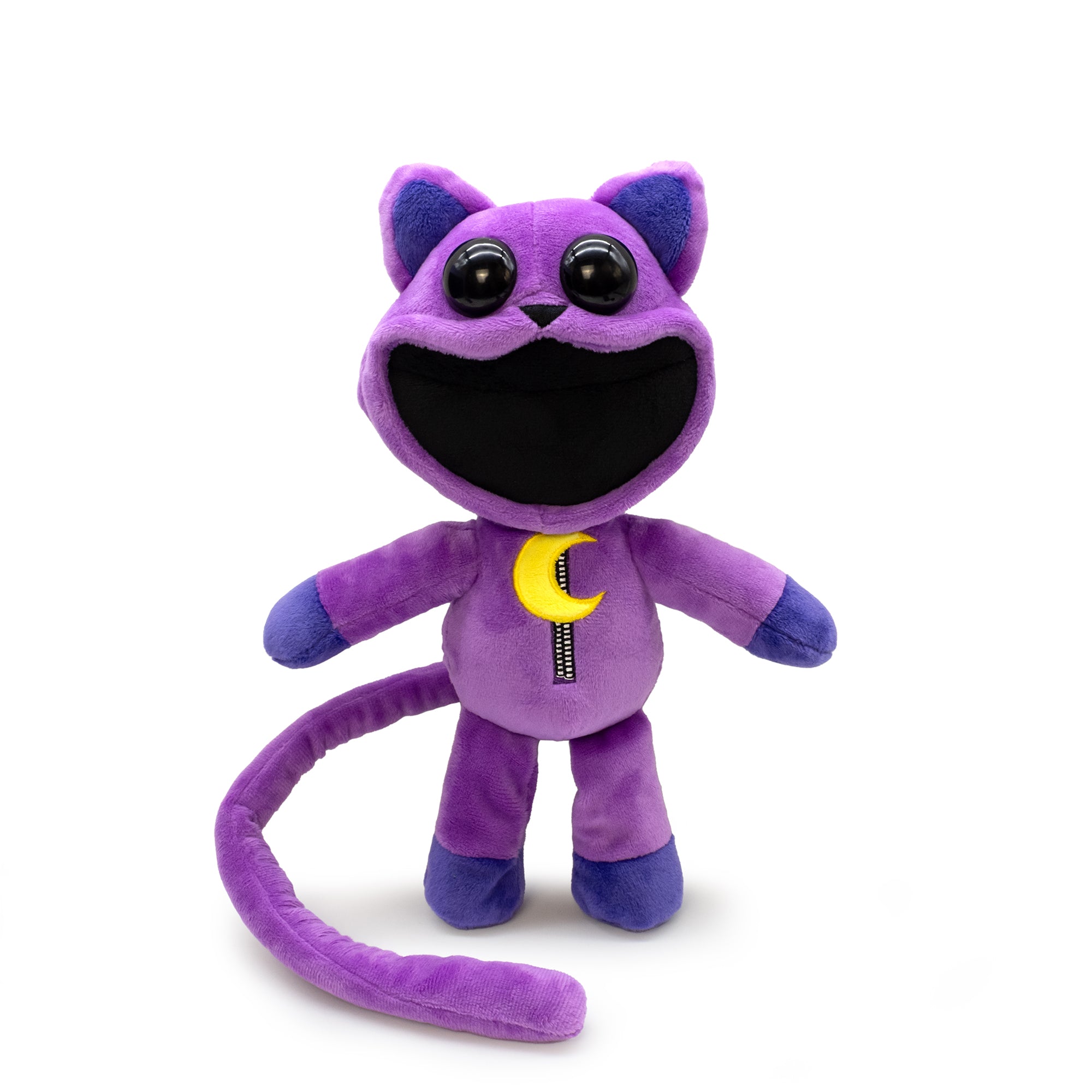 Purple plush toy with a crescent moon on a white background