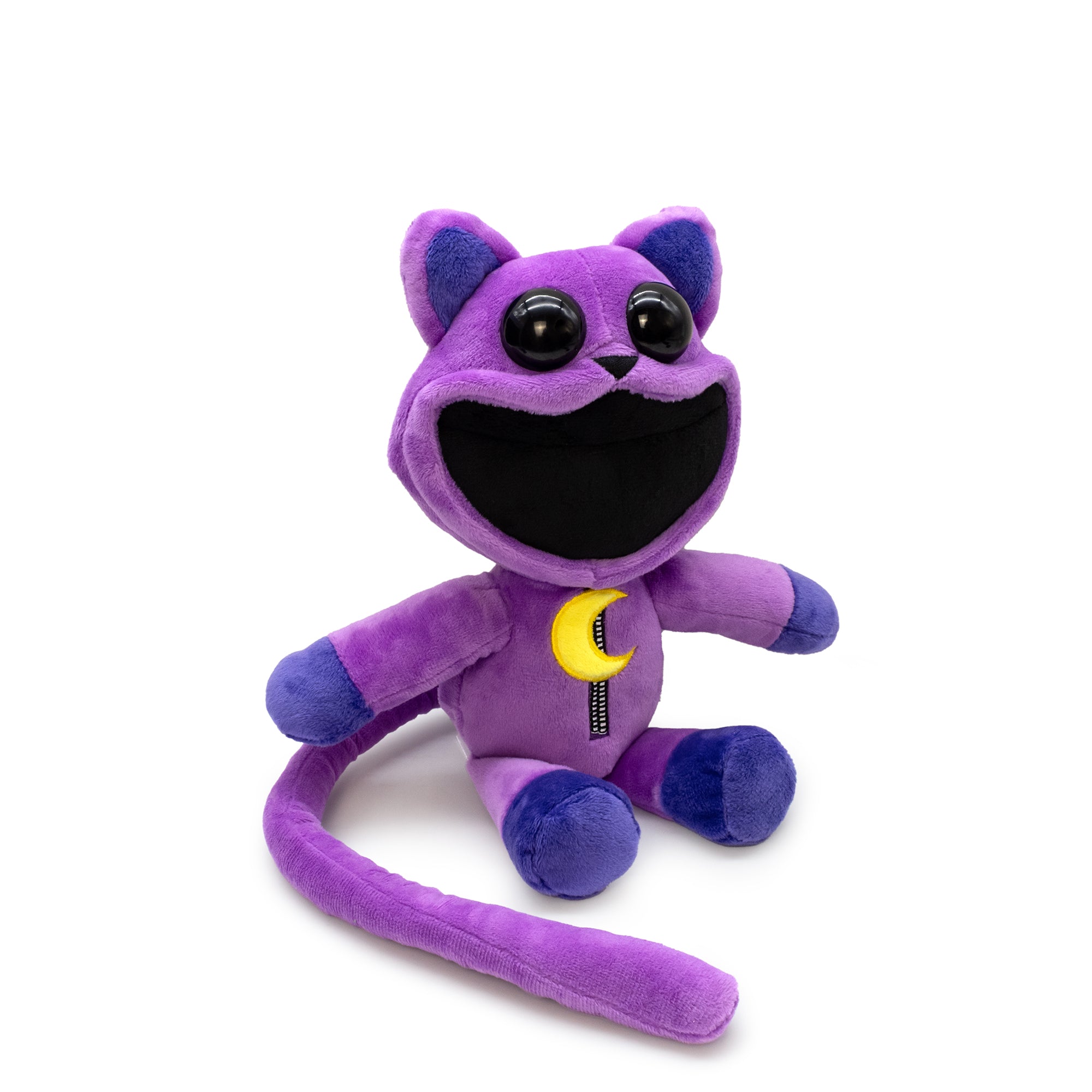 Purple plush toy with a black mouth and yellow crescent moon on a white background