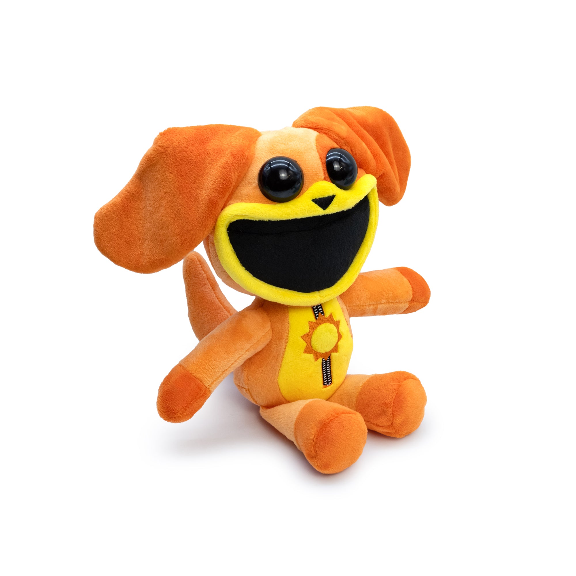 Orange plush toy with a wide smile on a white background