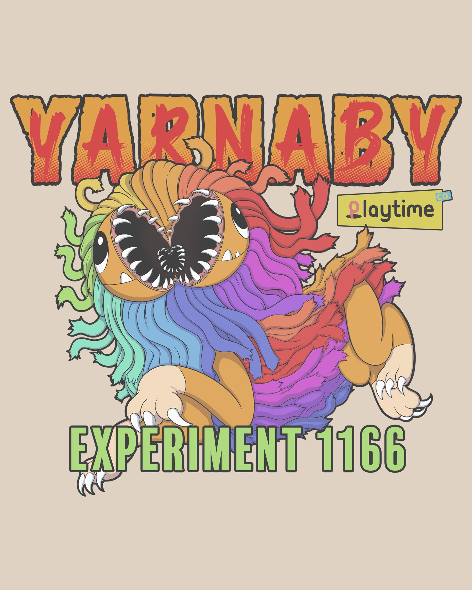 image: yarnaby running with mouth open. text: yarnaby playtime co. experiment 1166