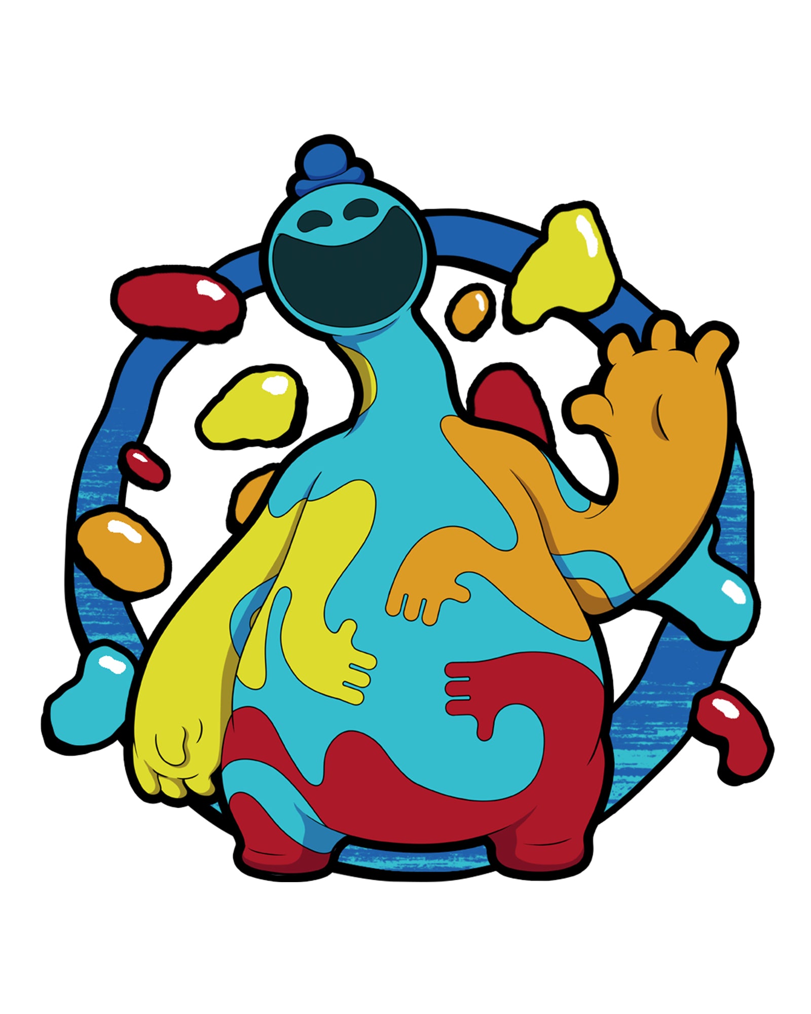 image on back of hoodie: doey the doughman waving. clay parts splattered. circle behind him.