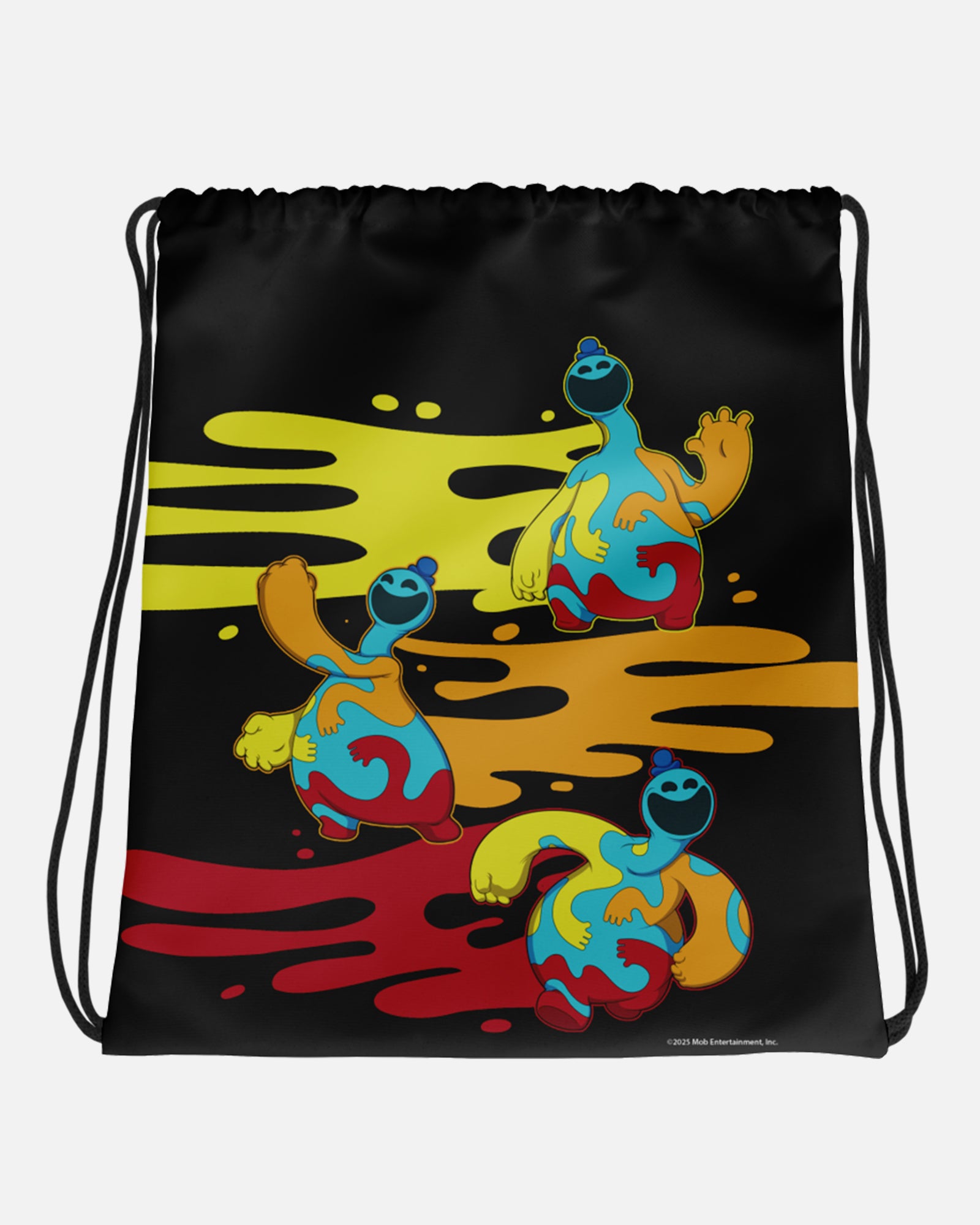 doey the doughman drawstring bag. image on bag: 3 poses of doey. doey waving, doey cheering, doey walking. splatter of dough paint color
