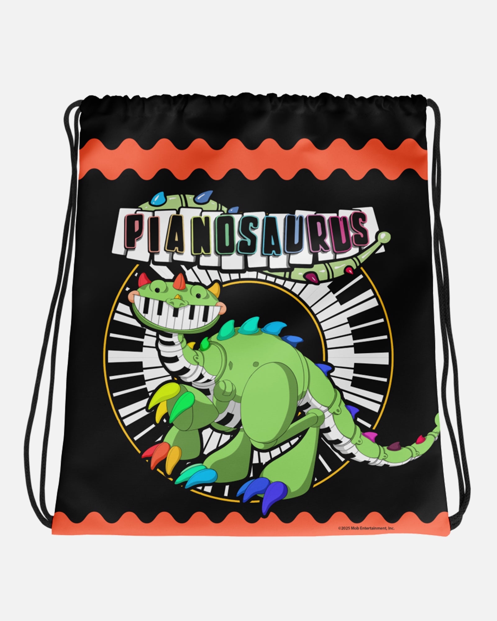 pianosaurus drawstring bag. image: pianosaurus standing in front of circle of piano keys. squiggle pattern on top and bottom. pianosaurus logo
