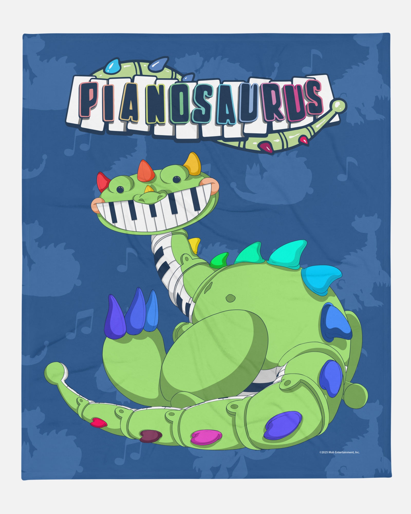 pianosaurus blue blanket. image: pianosaurus sitting looking back. music notes and pianosaurus pattern. pianosaurus logo