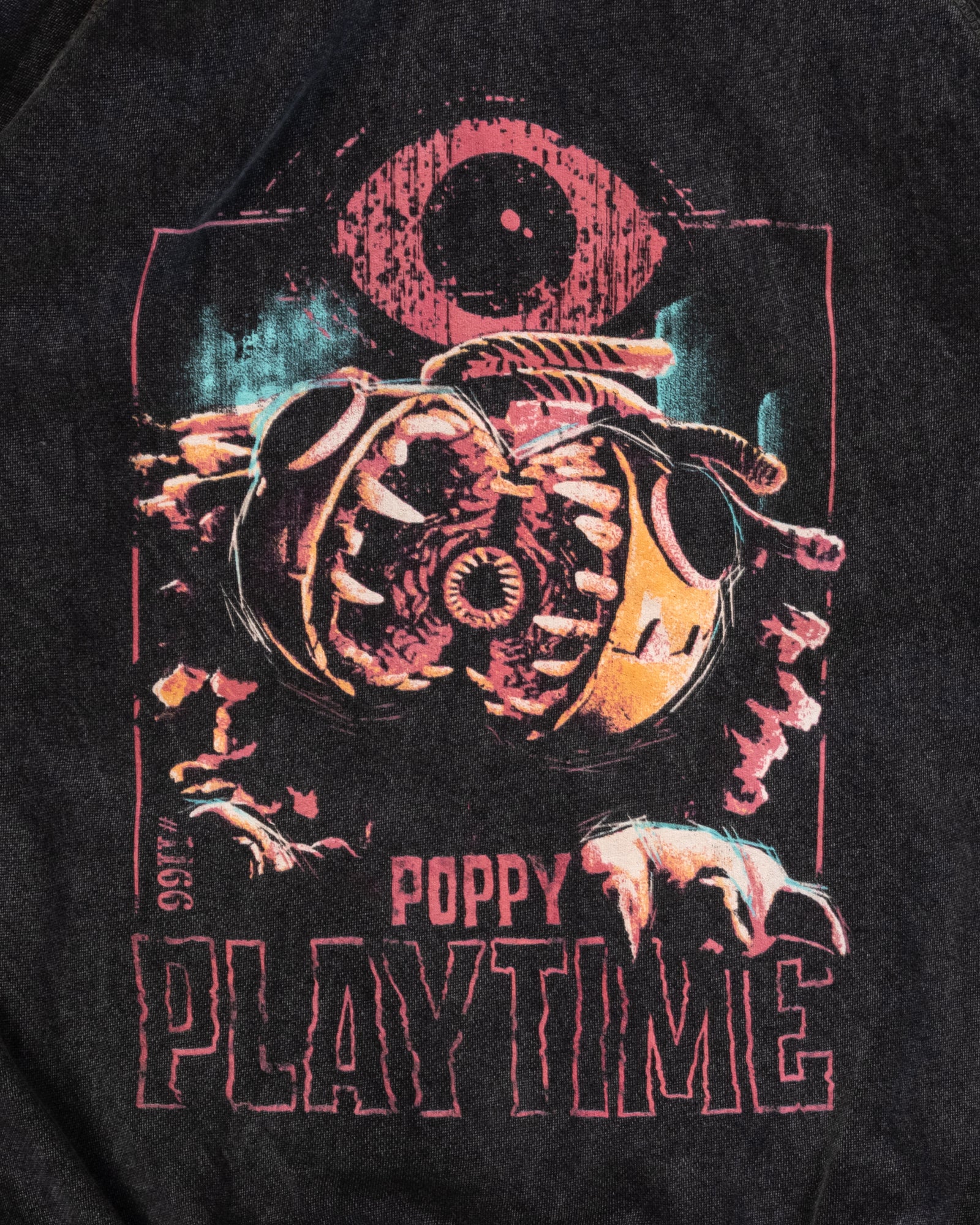 image on back of hoodie: yarnaby with mouth open. big eye on top. text: #1166 poppy playtime