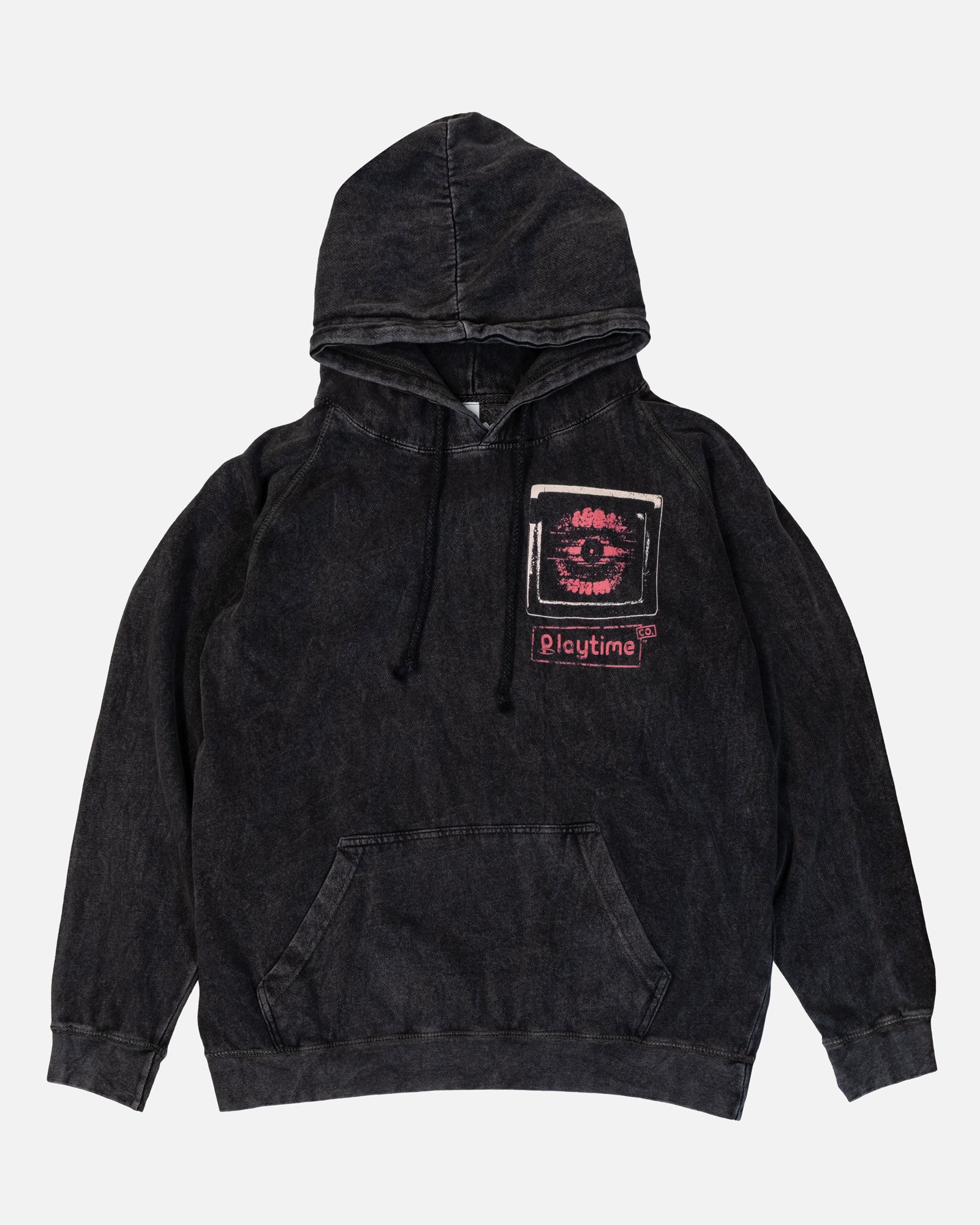 yarnaby and the doctor black acid wash hoodie front. front pockets
