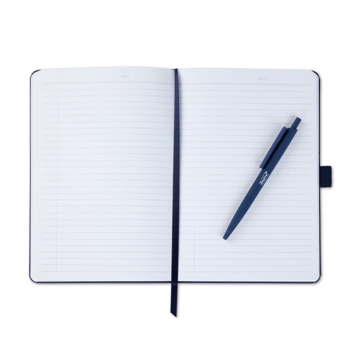 An open notebook with a dark navy blue pen resting on the right page.