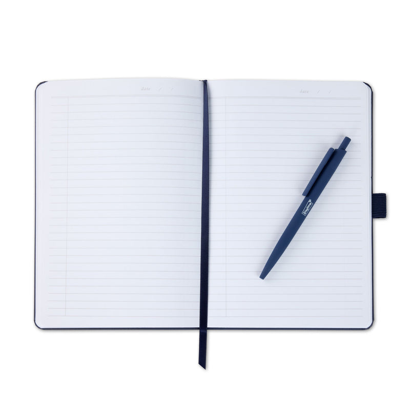 An open notebook with a dark navy blue pen resting on the right page.