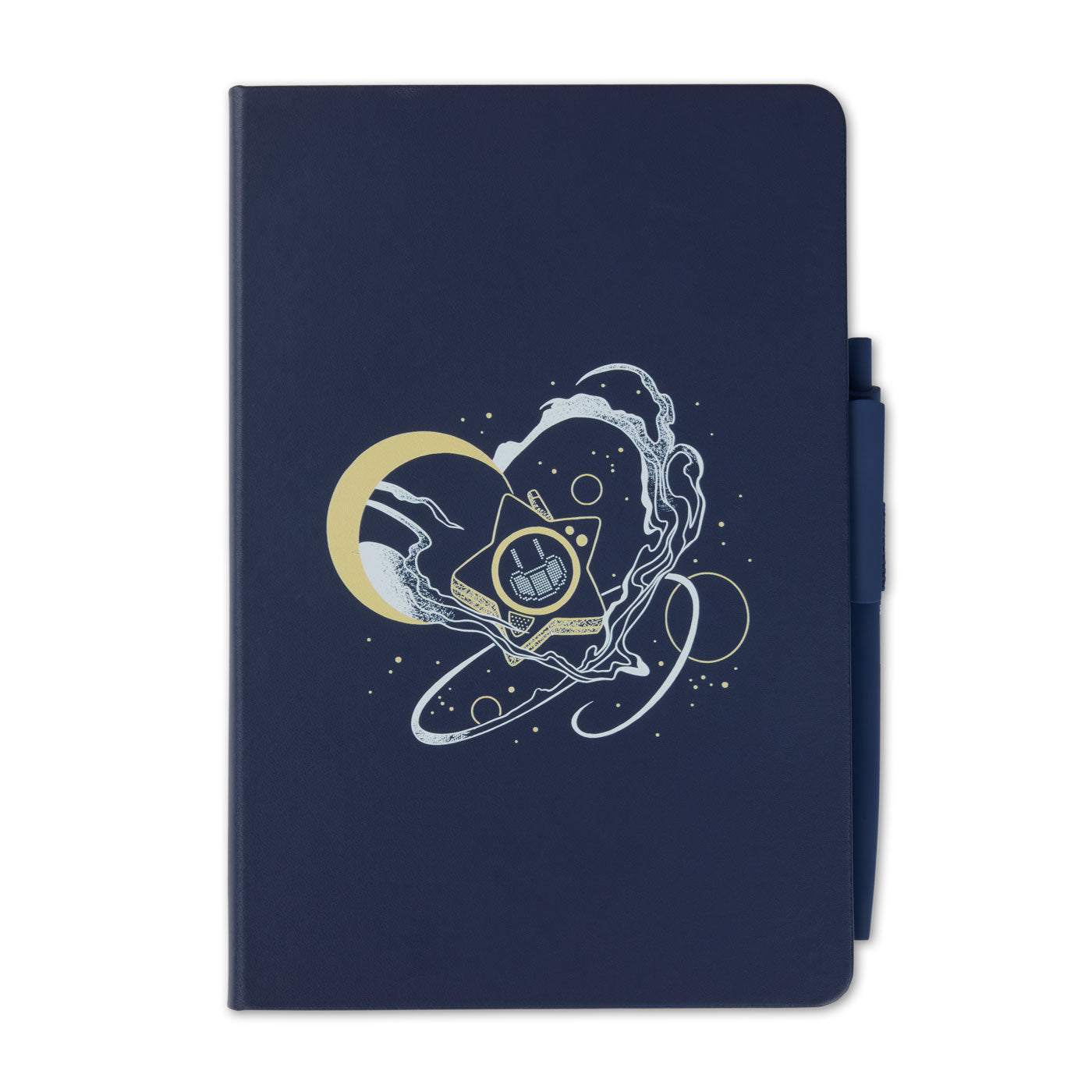 A navy blue notebook with a matching pen in its side pocket, featuring a central graphic of a gold crescent moon, Glowby, and white swirling cosmic lines.
