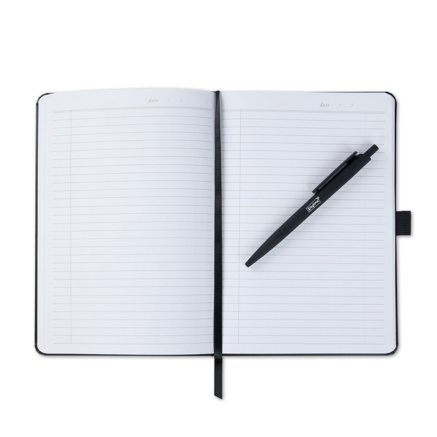 An open notebook with a black pen resting diagonally across the pages.
