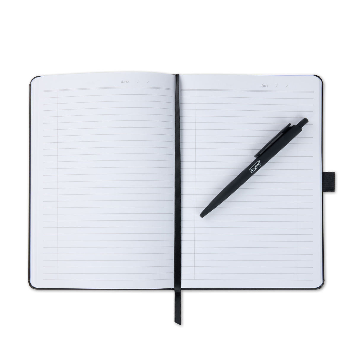 An open notebook with a black pen resting diagonally across the pages.